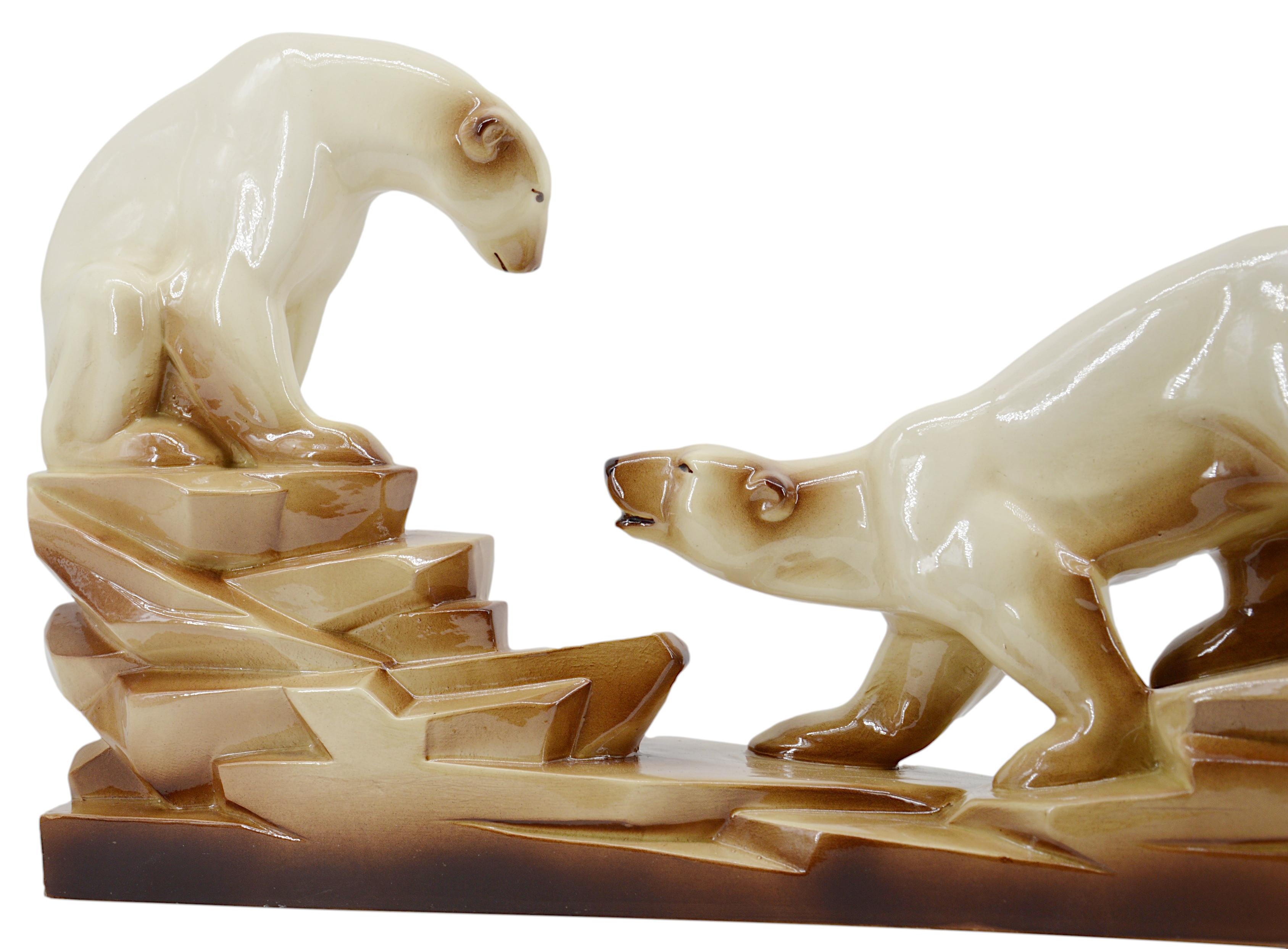 Français Charles Lemanceau - Art déco français - Deux ours en céramique « sur la banquise », 1935 en vente