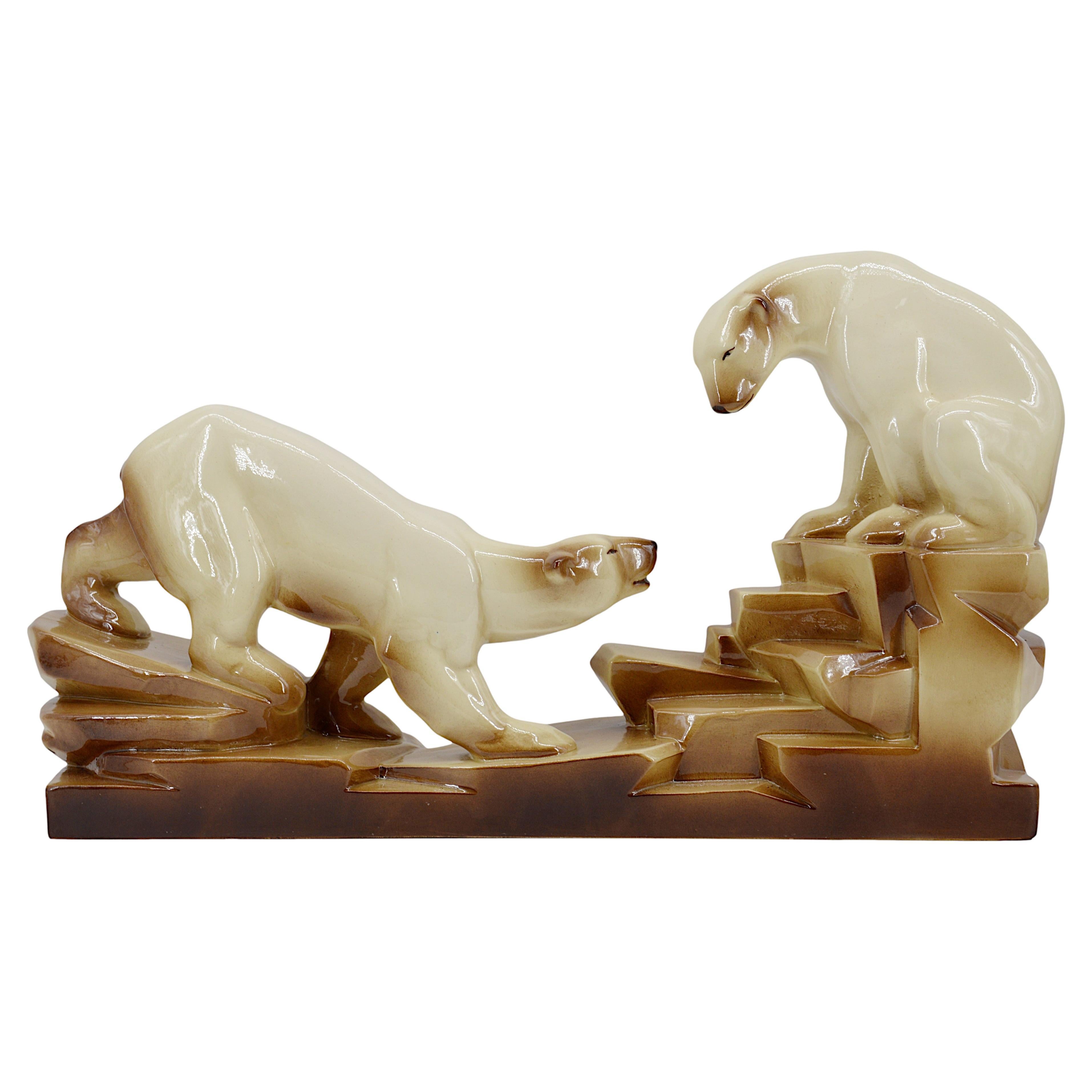 Charles Lemanceau French Art Deco Ceramic Bear Couple "sur la banquise", 1935 For Sale