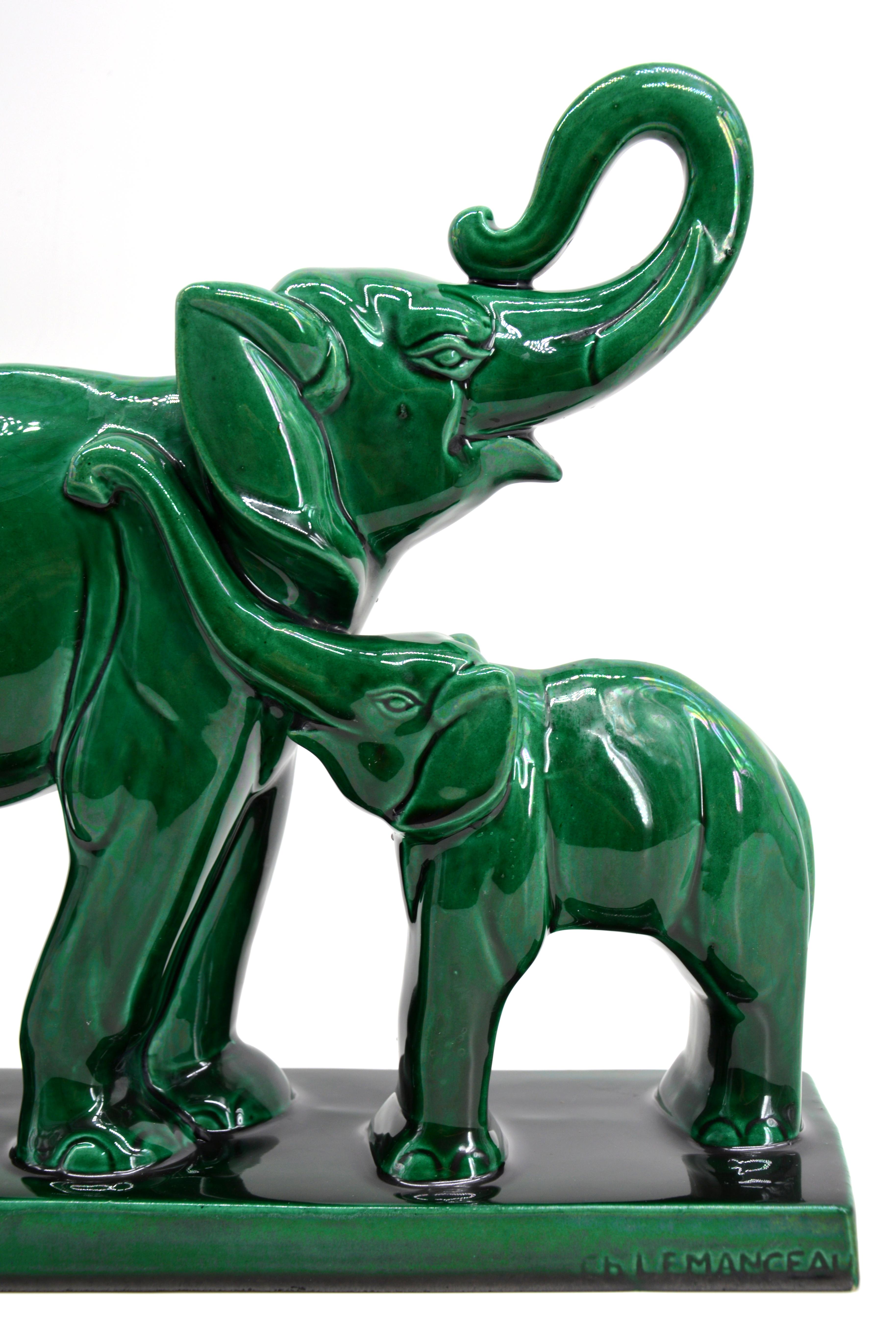 French Art Deco glazed ceramic elephants by Charles Lemanceau at Saint-Clement, France, 1930s. Measures: Width 13