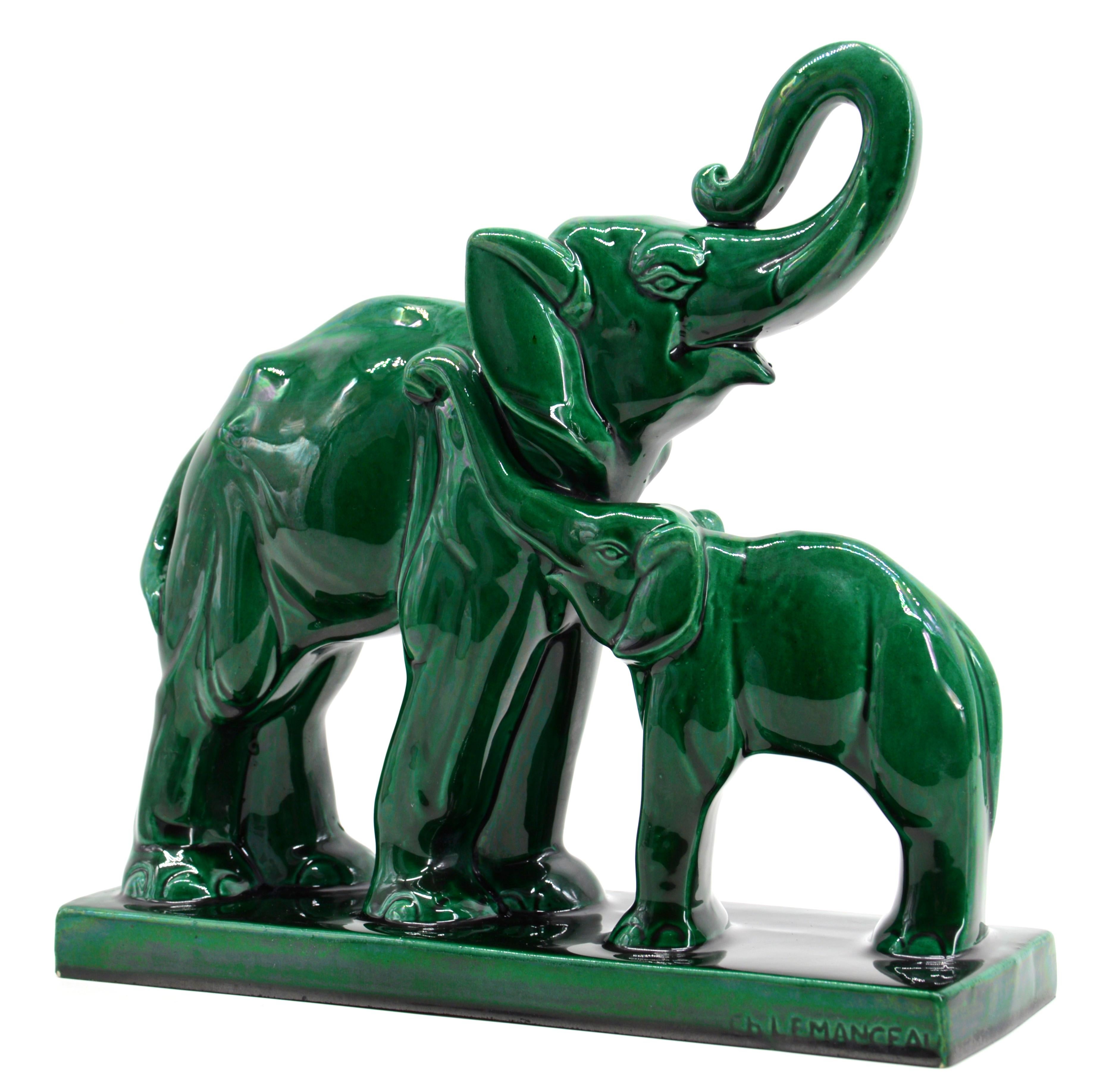 Charles Lemanceau French Art Deco Ceramic Mother & Baby Elephants, 1930s In Excellent Condition In Saint-Amans-des-Cots, FR