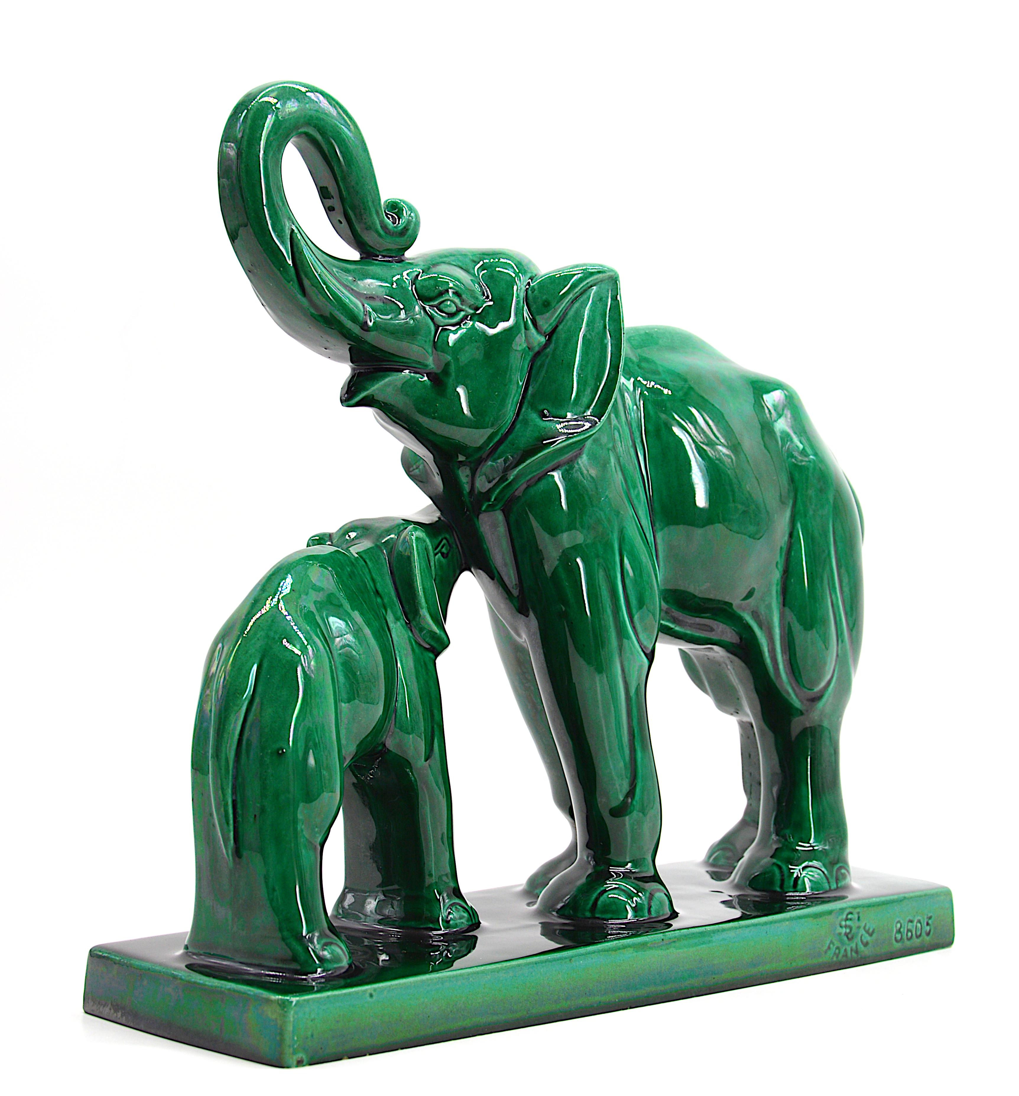 Mid-20th Century Charles Lemanceau French Art Deco Ceramic Mother & Baby Elephants, 1930s