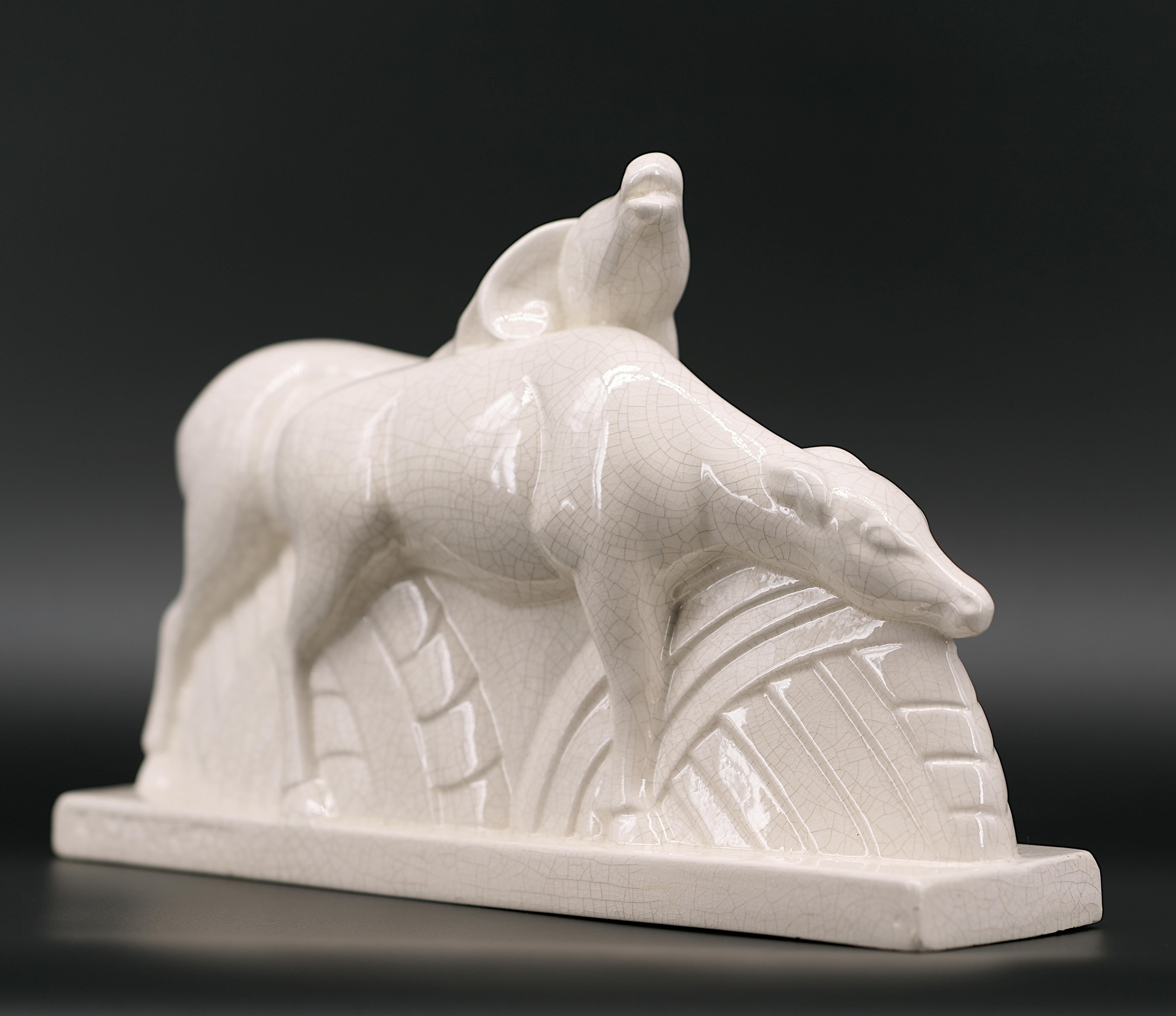 Early 20th Century Charles LEMANCEAU French Art Deco Crackle Glaze Ceramic Couple of Does, 1920 For Sale