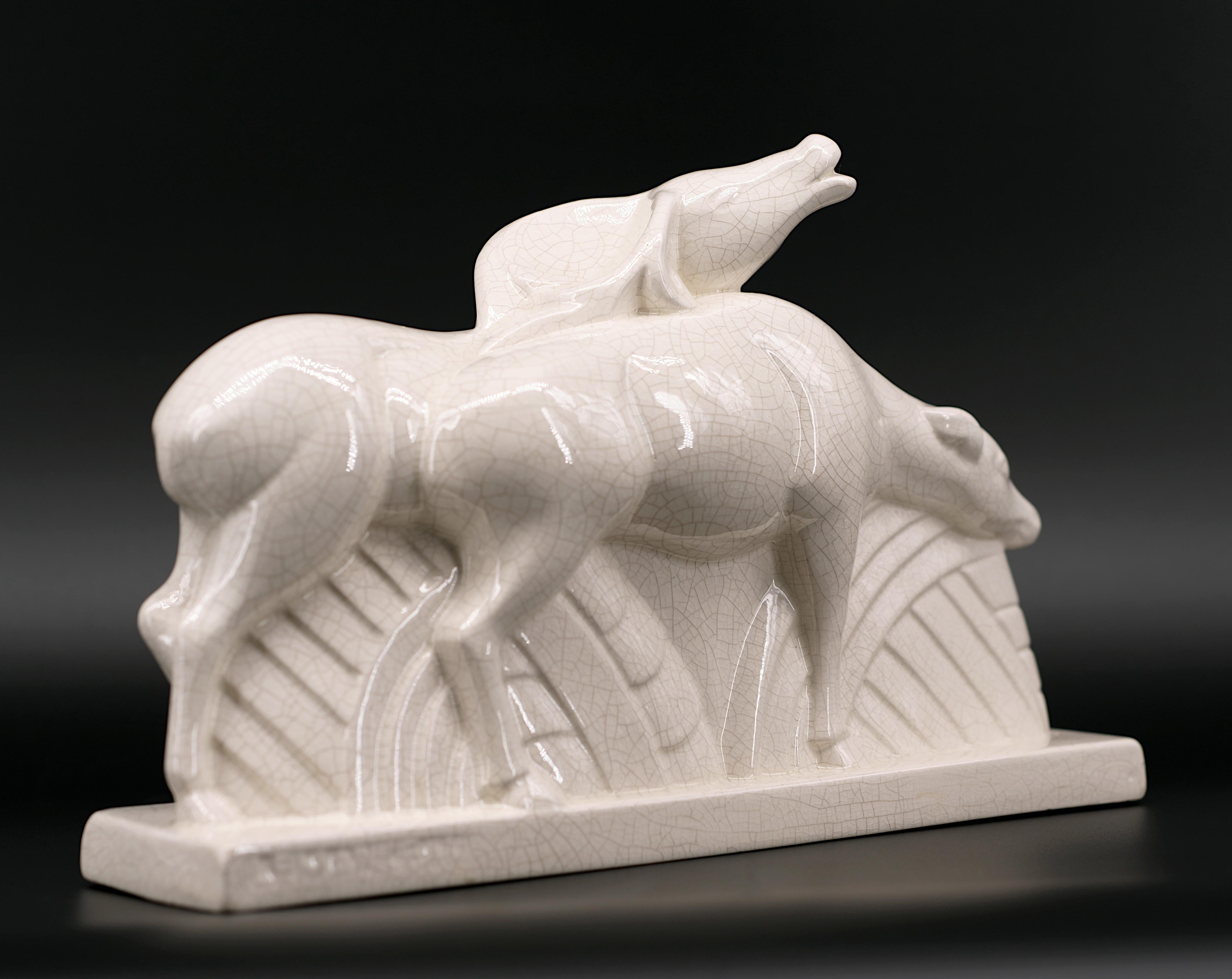 Charles LEMANCEAU French Art Deco Crackle Glaze Ceramic Couple of Does, 1920 For Sale 1