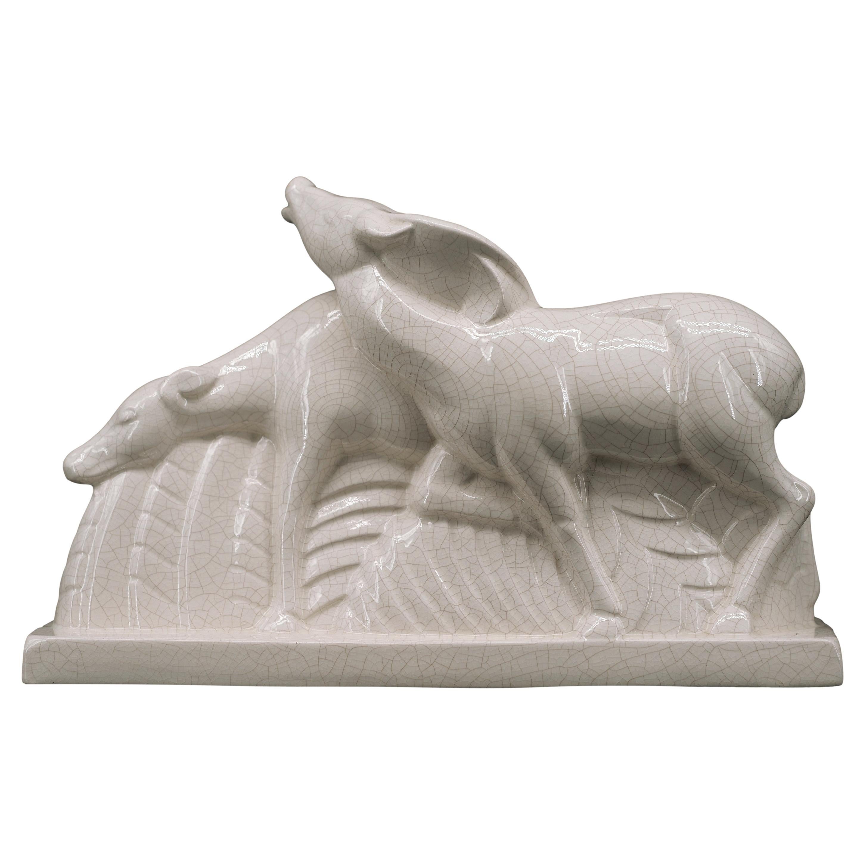 Charles LEMANCEAU Französische Art Deco Craquelé-Glasur-Keramik-Keramik-Couple of Does, 1920