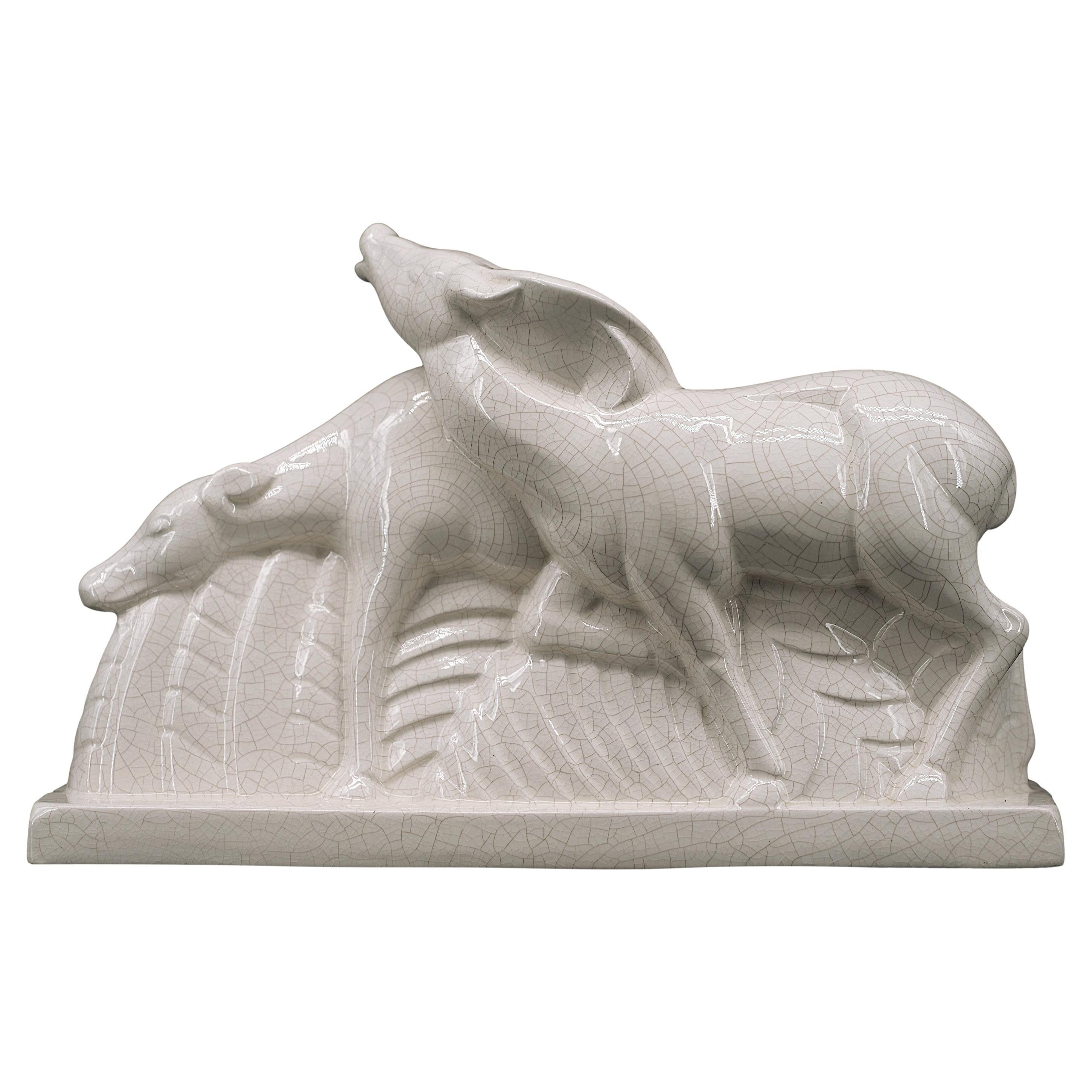 Charles Lemanceau French Art Deco Crackle Glaze Ceramic Deers, 1920