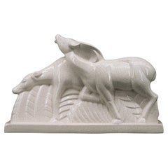 Charles Lemanceau French Art Deco Crackle Glaze Ceramic Deers, 1920