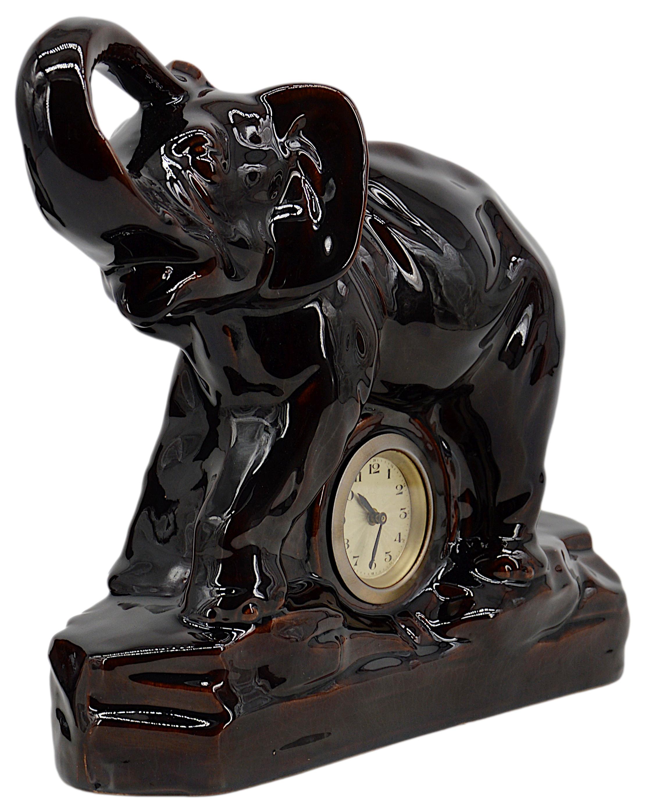 Art Deco elephant clock by Charles Lemanceau, France, 1930s. French Art Deco ceramic. Measures: Width: 12.4