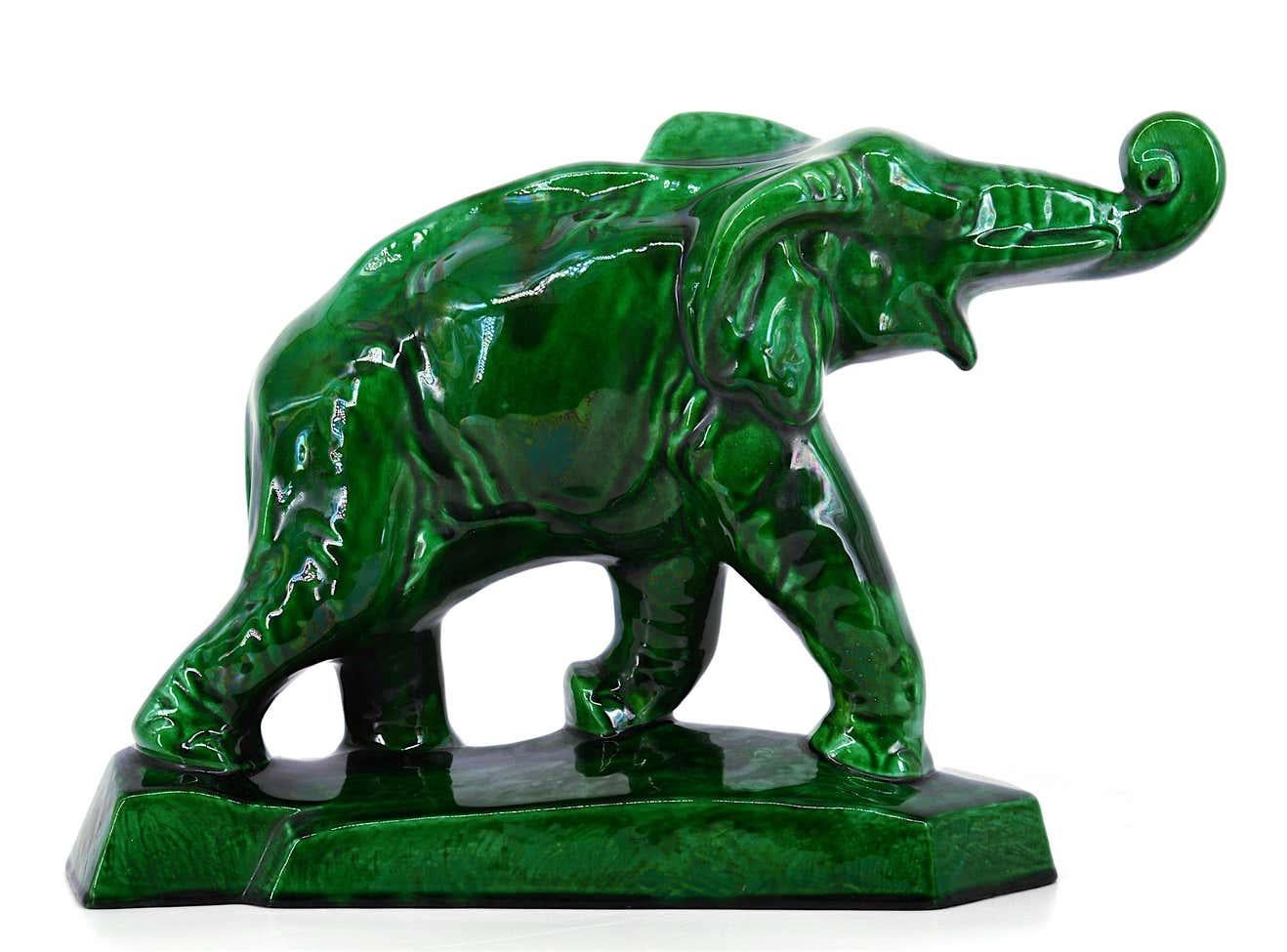 French Art Deco glazed ceramic elephant statue by Charles Lemanceau at Saint-Clement, France, 1930s. Measures: width 14.8