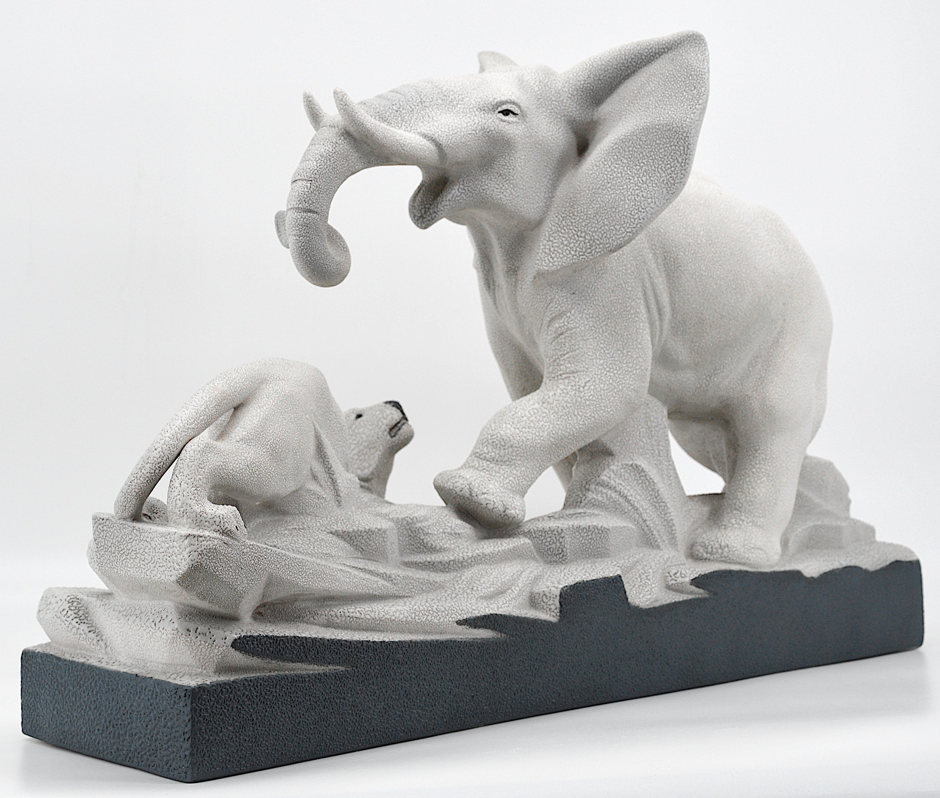 Mid-20th Century Charles Lemanceau French Art Deco Elephant Vs Lioness Sculpture, 1930s For Sale