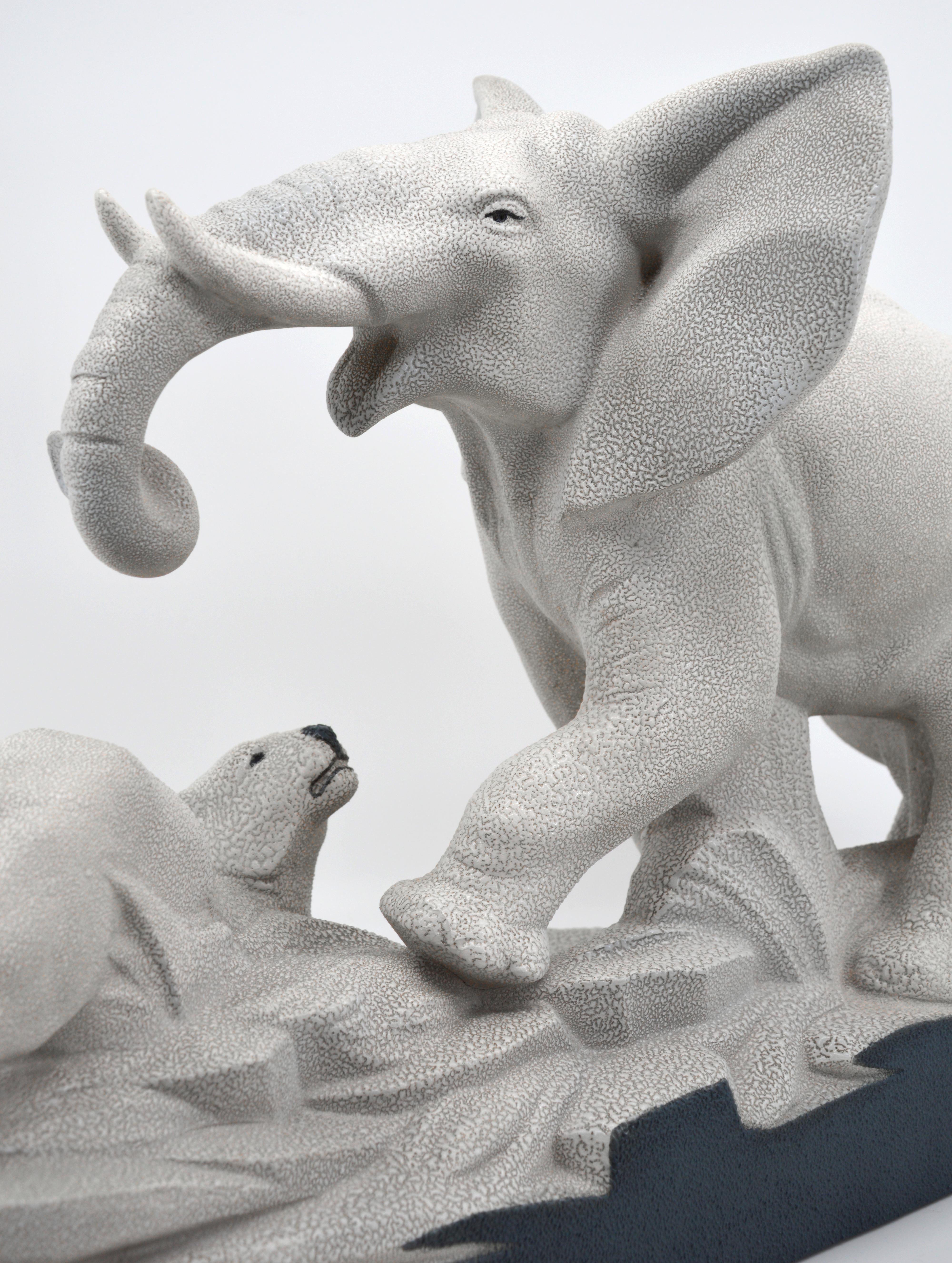 Ceramic Charles Lemanceau French Art Deco Elephant Vs Lioness Sculpture, 1930s For Sale