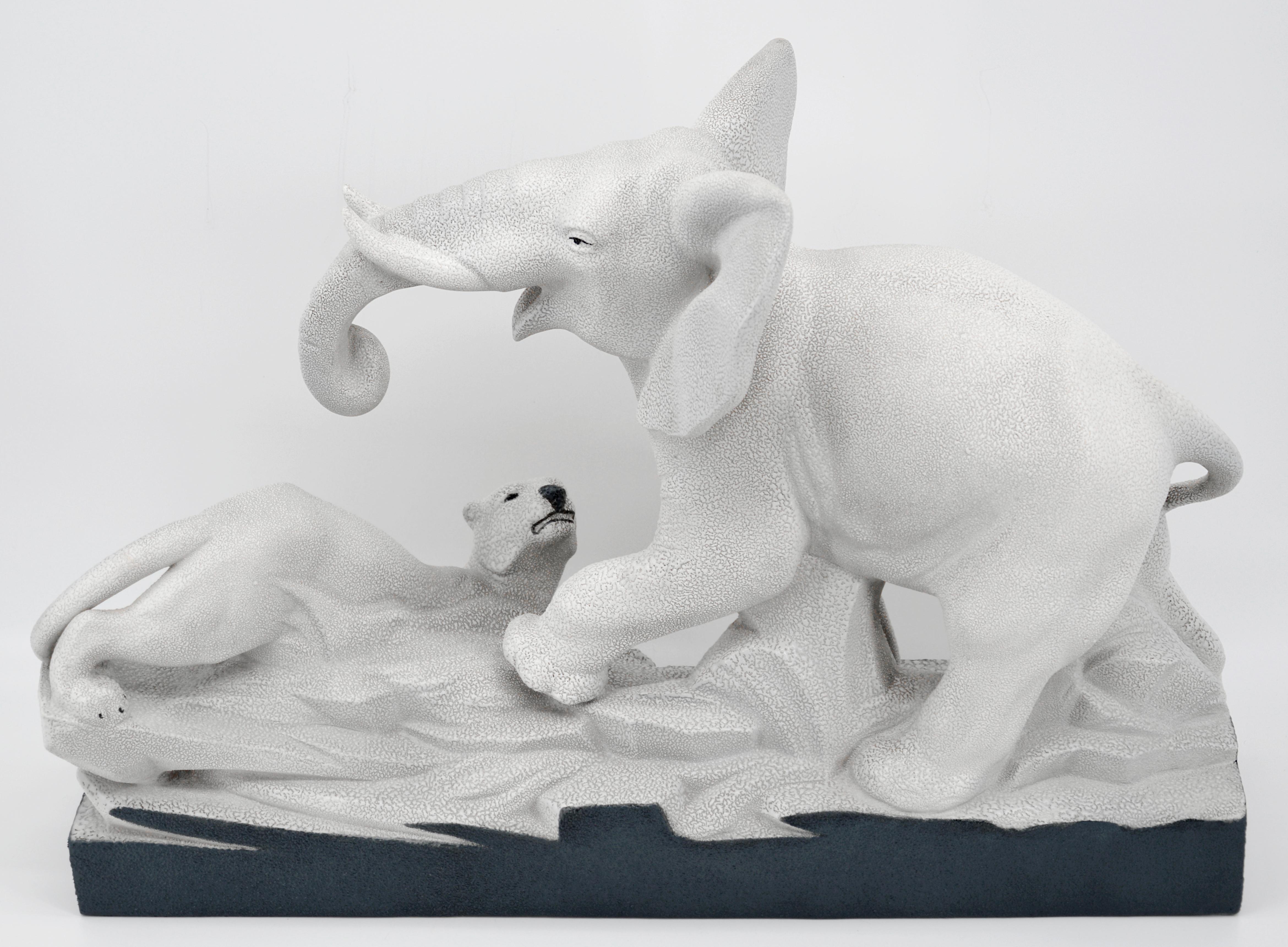 Charles Lemanceau French Art Deco Elephant Vs Lioness Sculpture, 1930s For Sale 3