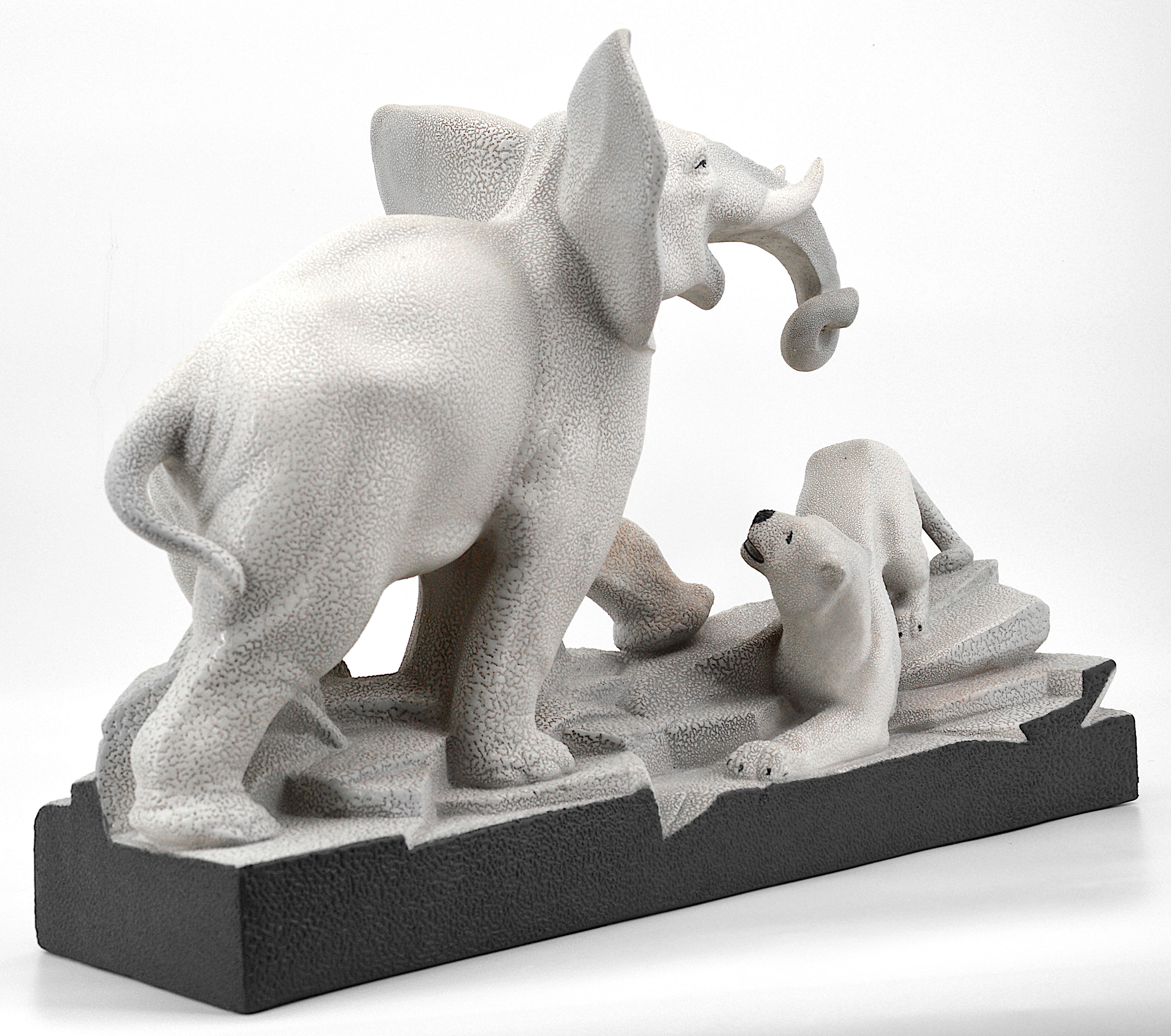 Charles Lemanceau French Art Deco Elephant Vs Lioness Sculpture, 1930s For Sale 4