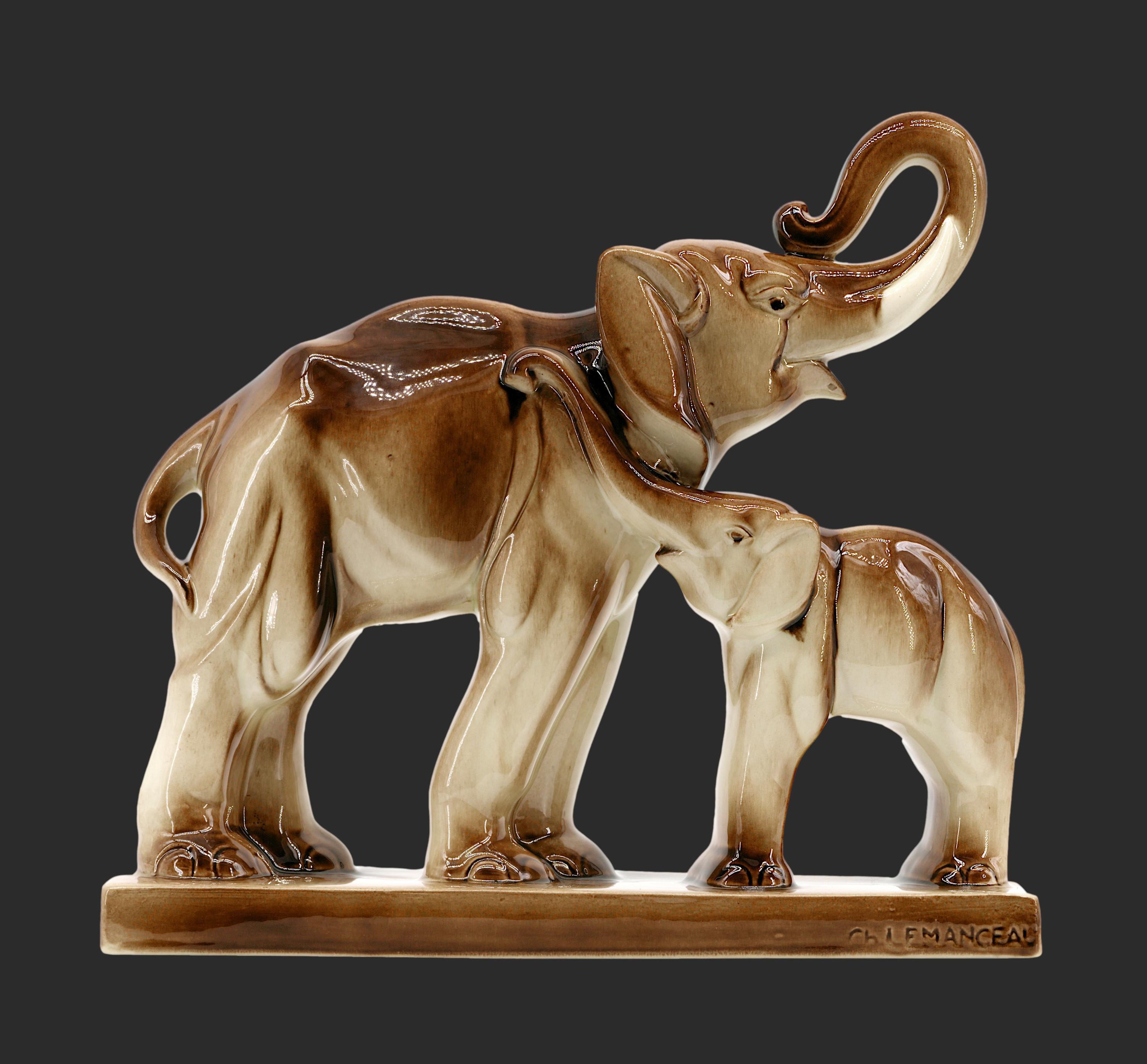 Couple of elephants by Charles Lemanceau at Saint-Clement's, France, circa 1935. French art ceramic. Mother and child. Measures: Width: 13.4