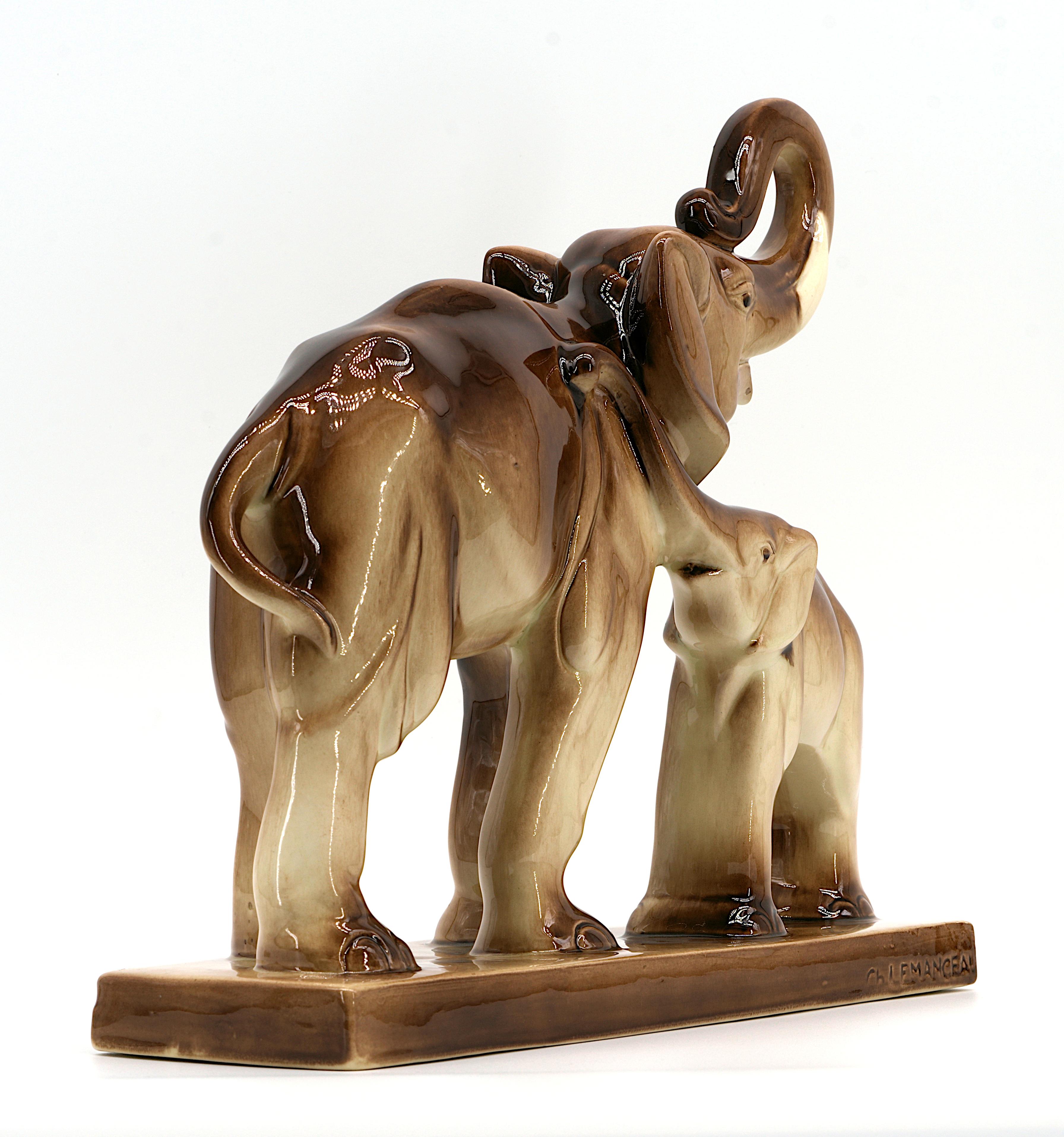 Mid-20th Century Charles Lemanceau French Art Deco Elephants Mother and Child, 1935 For Sale
