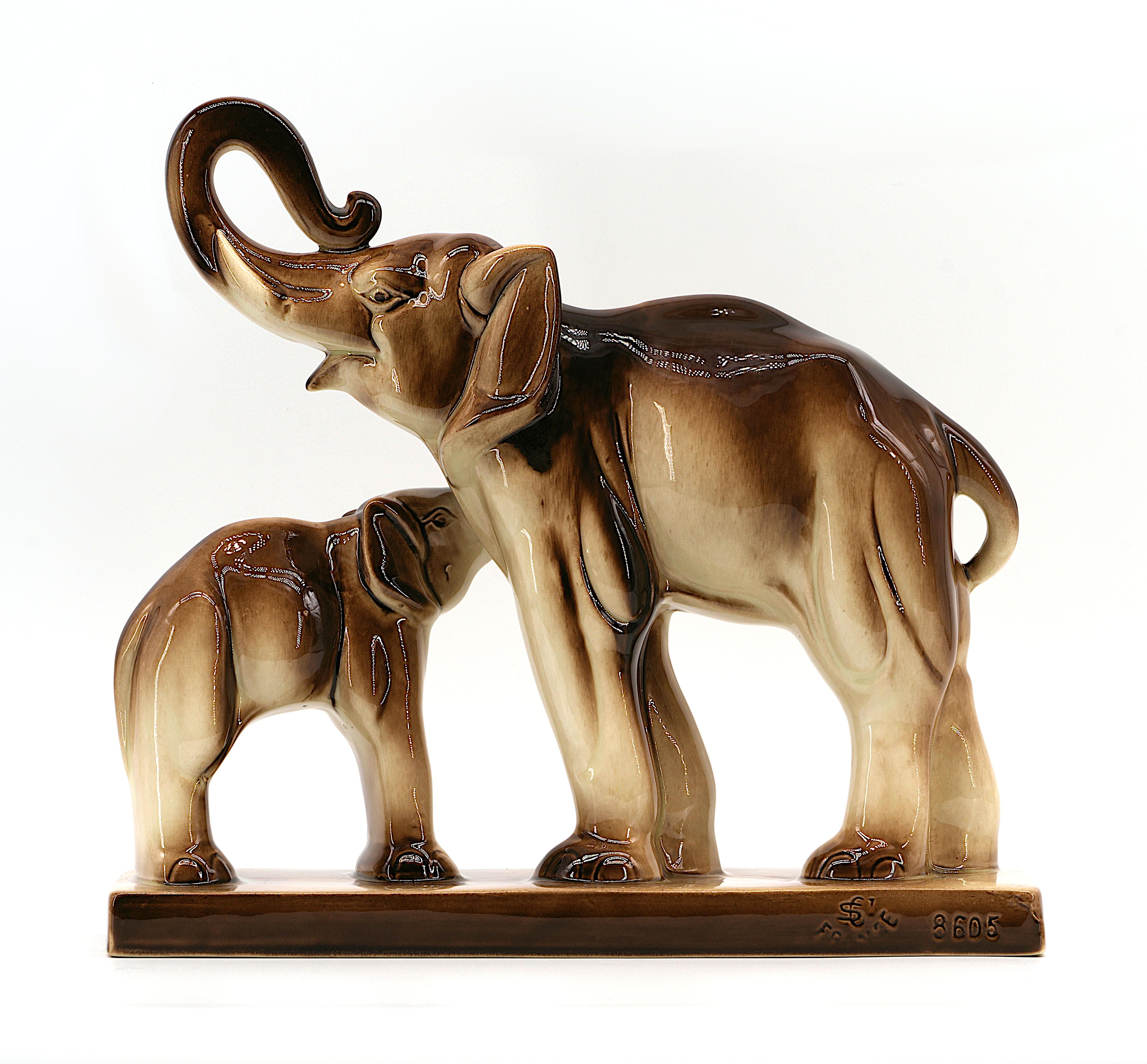 Ceramic Charles Lemanceau French Art Deco Elephants Mother and Child, 1935 For Sale