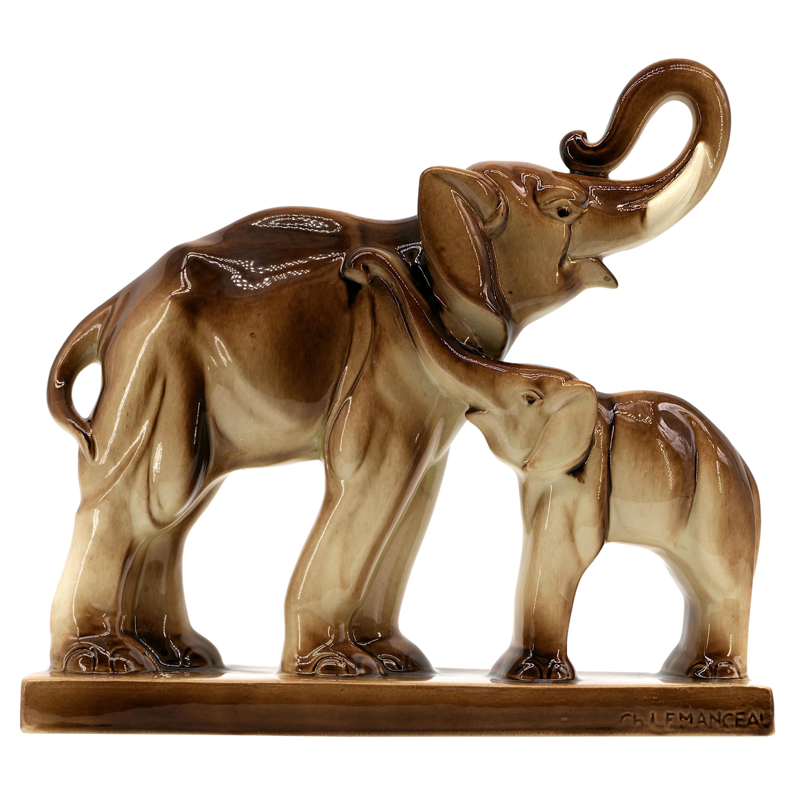 Charles Lemanceau French Art Deco Elephants Mother and Child, 1935 For Sale