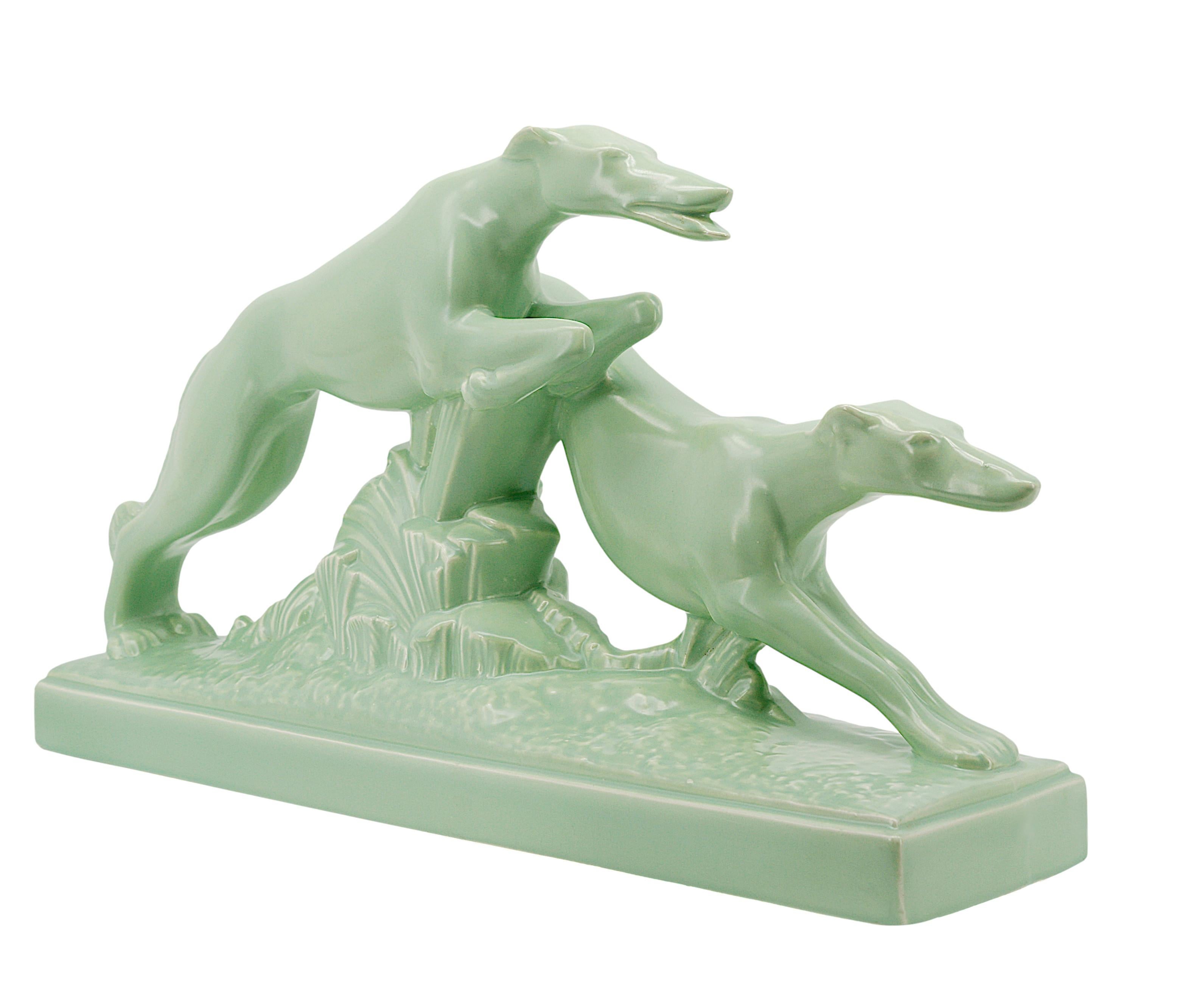French Art Deco greyhound couple sculpture by Charles LEMANCEAU at Sainte-Radegonde, France, 1930. Greyhound race. Width: 20.5