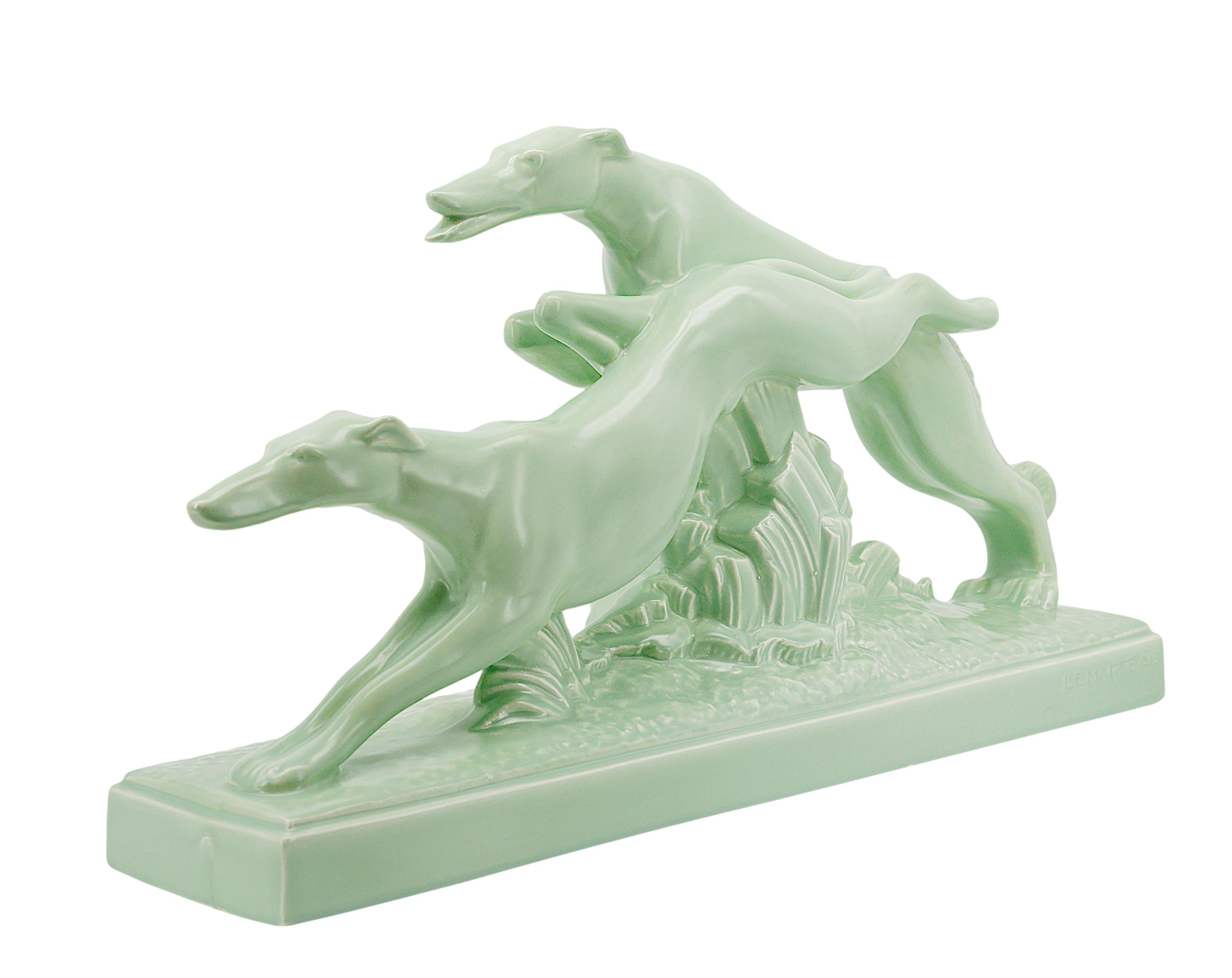 Mid-20th Century Charles LEMANCEAU French Art Deco Greyhound Couple, 1930s For Sale