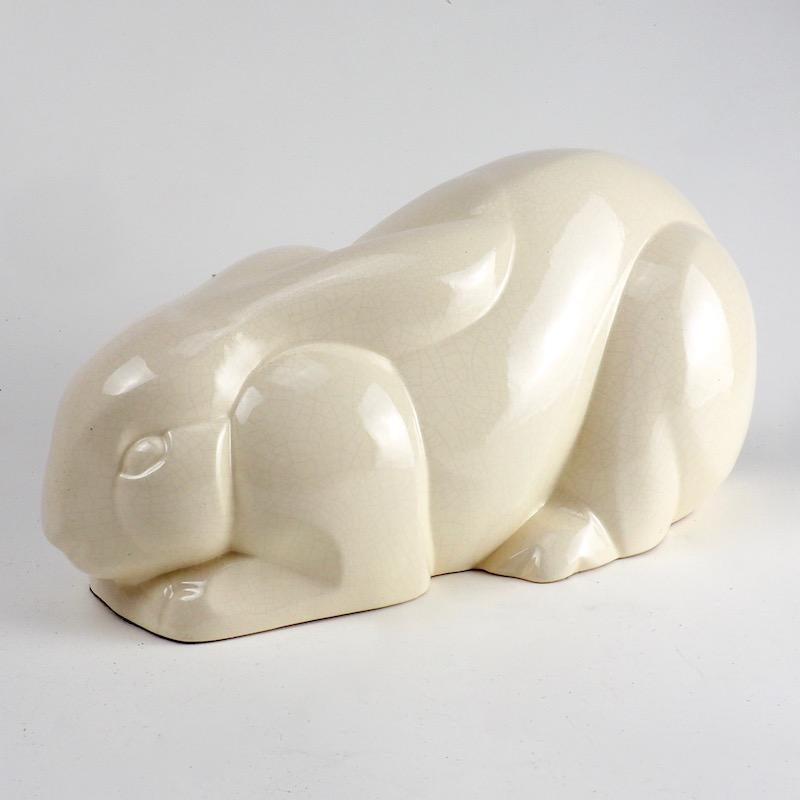 Early 20th Century Charles Lemanceau French Art Deco White Ceramic Rabbit
