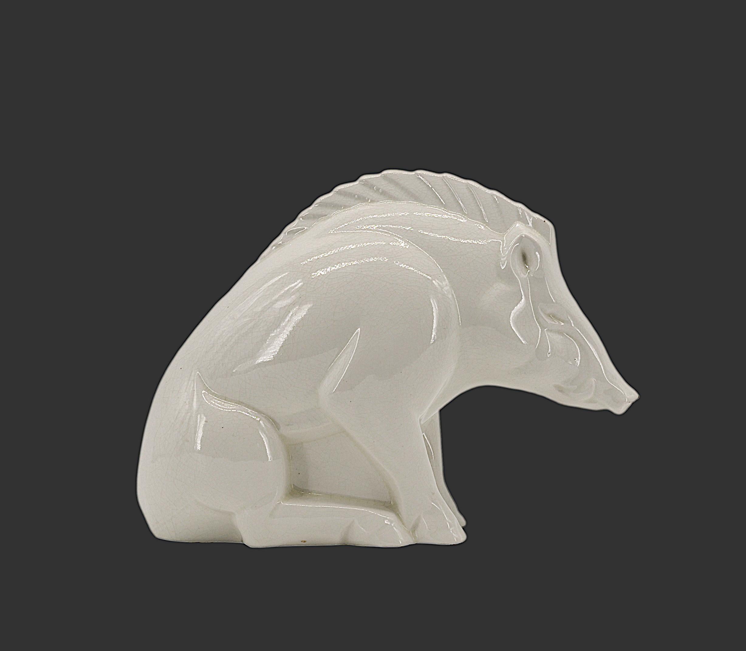 French Art Deco Wild Boar Sculpture by Charles LEMANCEAU at Saint-Clement (Luneville), France, 1920s. French Art Deco ceramic. Width: 9.1