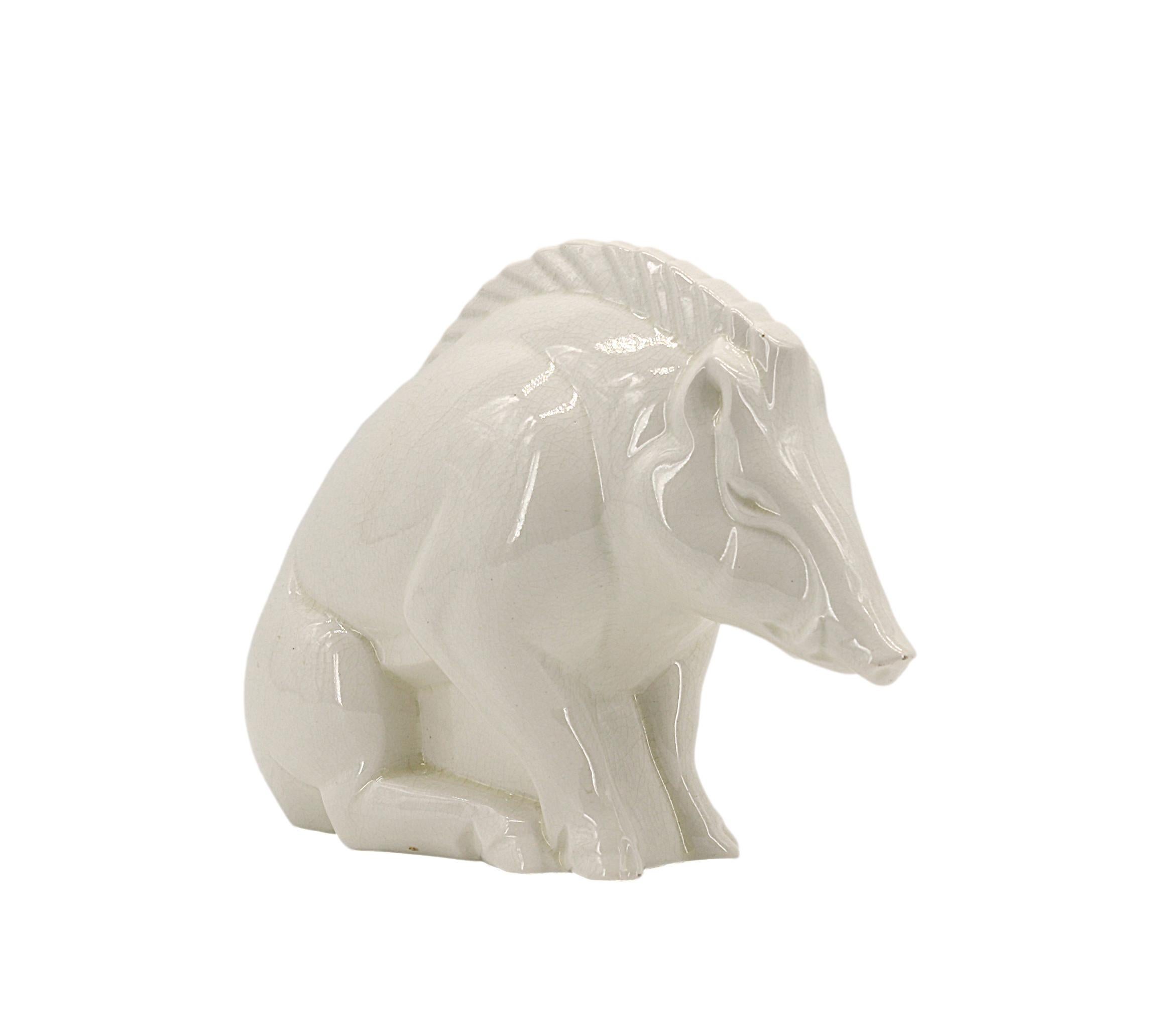 Ceramic Charles LEMANCEAU French Art Deco Wild Boar Statue, 1920 For Sale