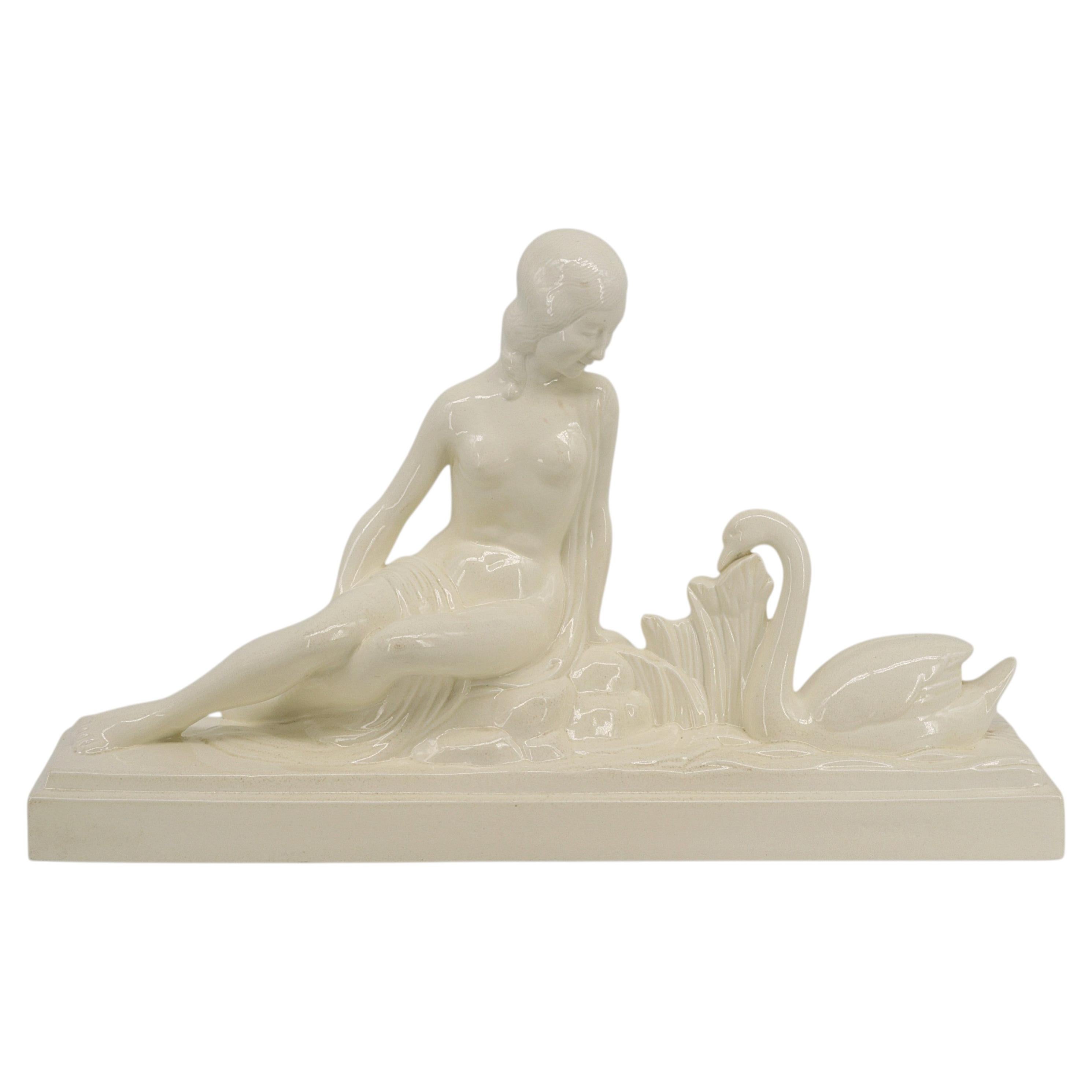 Charles Lemanceau, scultura in ceramica “Leda e il cigno”, Art Déco francese in vendita