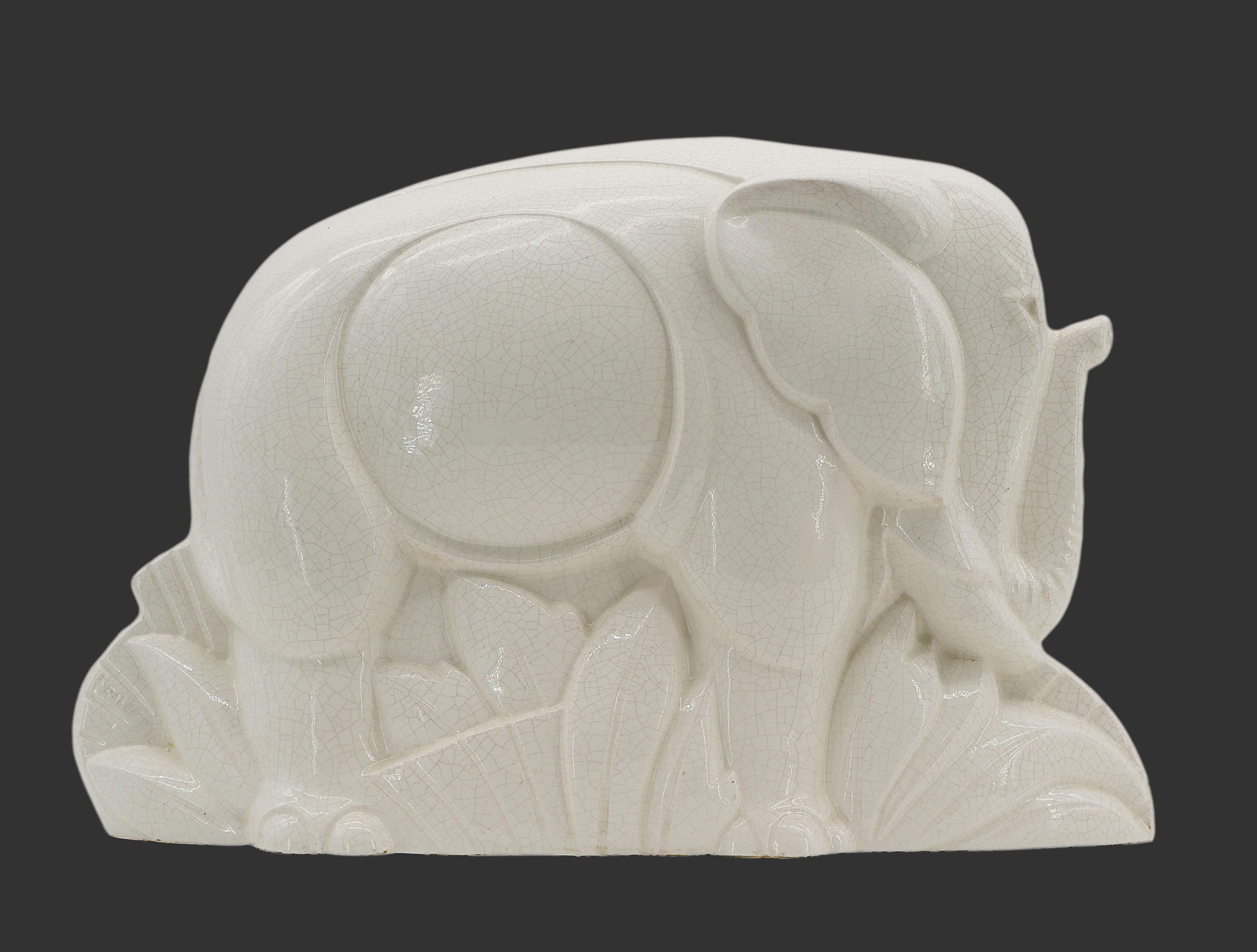 Rare large French Art Deco elephant sculpture by Charles LEMANCEAU at Saint-Clement (Luneville), France, 1920s. French Art Deco ceramic.  Width: 18.5