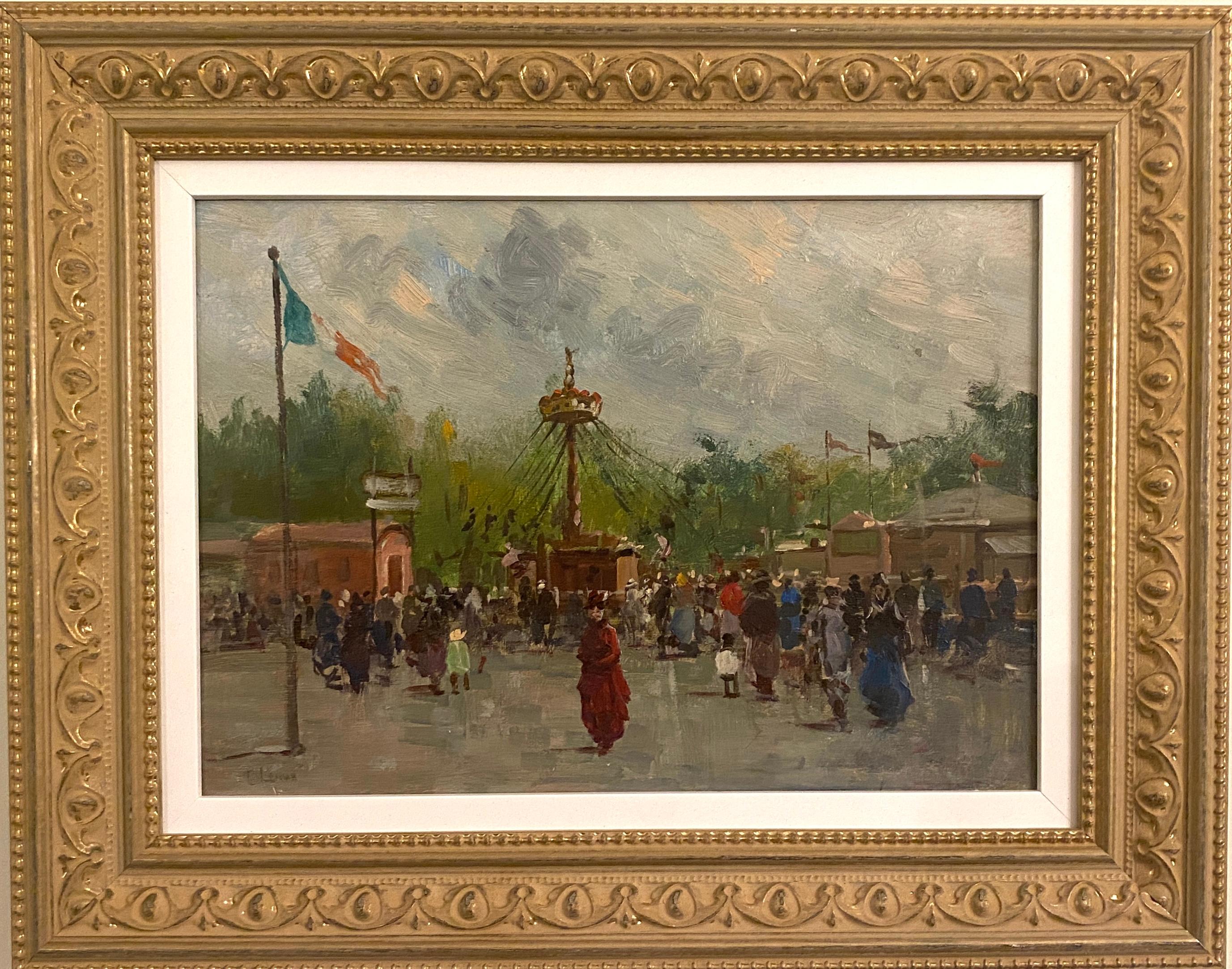 Landscape Painting di Charles Leroux - Impressionista francese del XX secolo Scena di festa o di carnevale