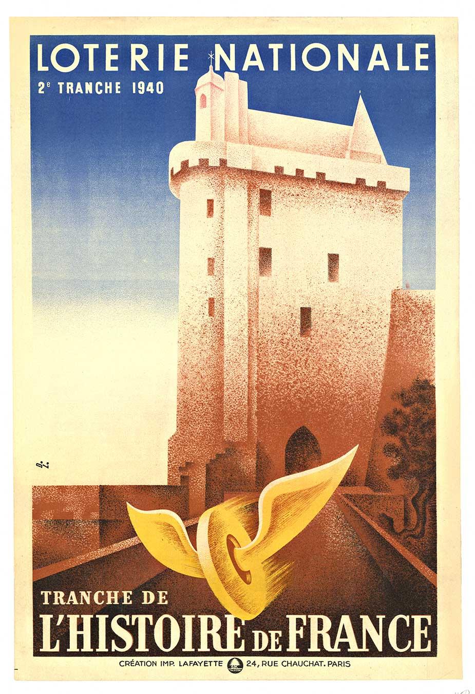Cartel de época original de la Loterie Nationale de 1940.  Tramo de la Historia de Francia.  Respaldo de lino en muy buen estado - excelente, listo para enmarcar.  El equipo de Eddgard Derouet y Charles Lesacq diseñó el cartel.   Sus iniciales D. y