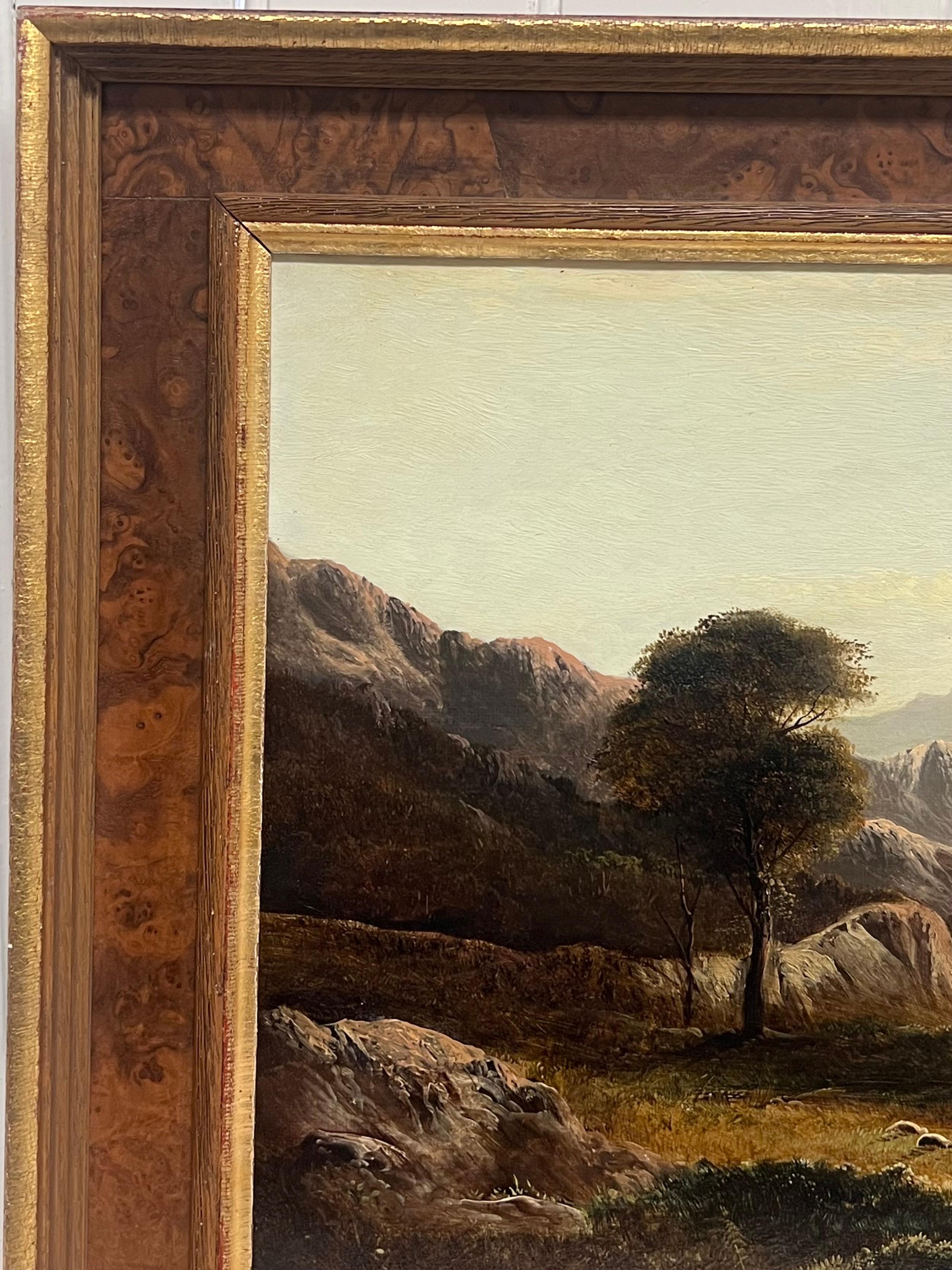 Fino paisaje escocés de 1880 sobre un lago al atardecer Pastor y oveja Tierras Altas de Perthshire - Painting Victoriano de Charles Leslie 