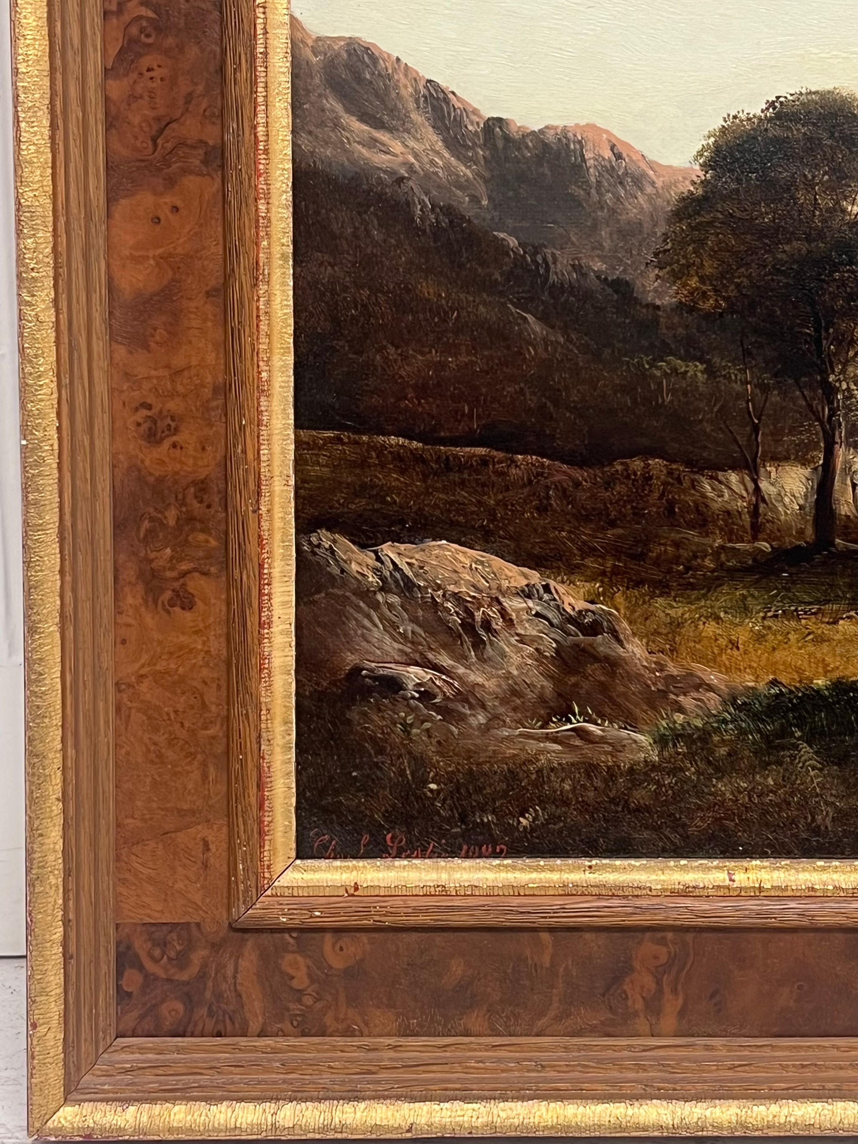 Fino paisaje escocés de 1880 sobre un lago al atardecer Pastor y oveja Tierras Altas de Perthshire - Figurative Painting Negro de Charles Leslie 