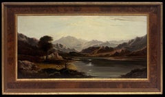 Fino paisaje escocés de 1880 sobre un lago al atardecer Pastor y oveja Tierras Altas de Perthshire