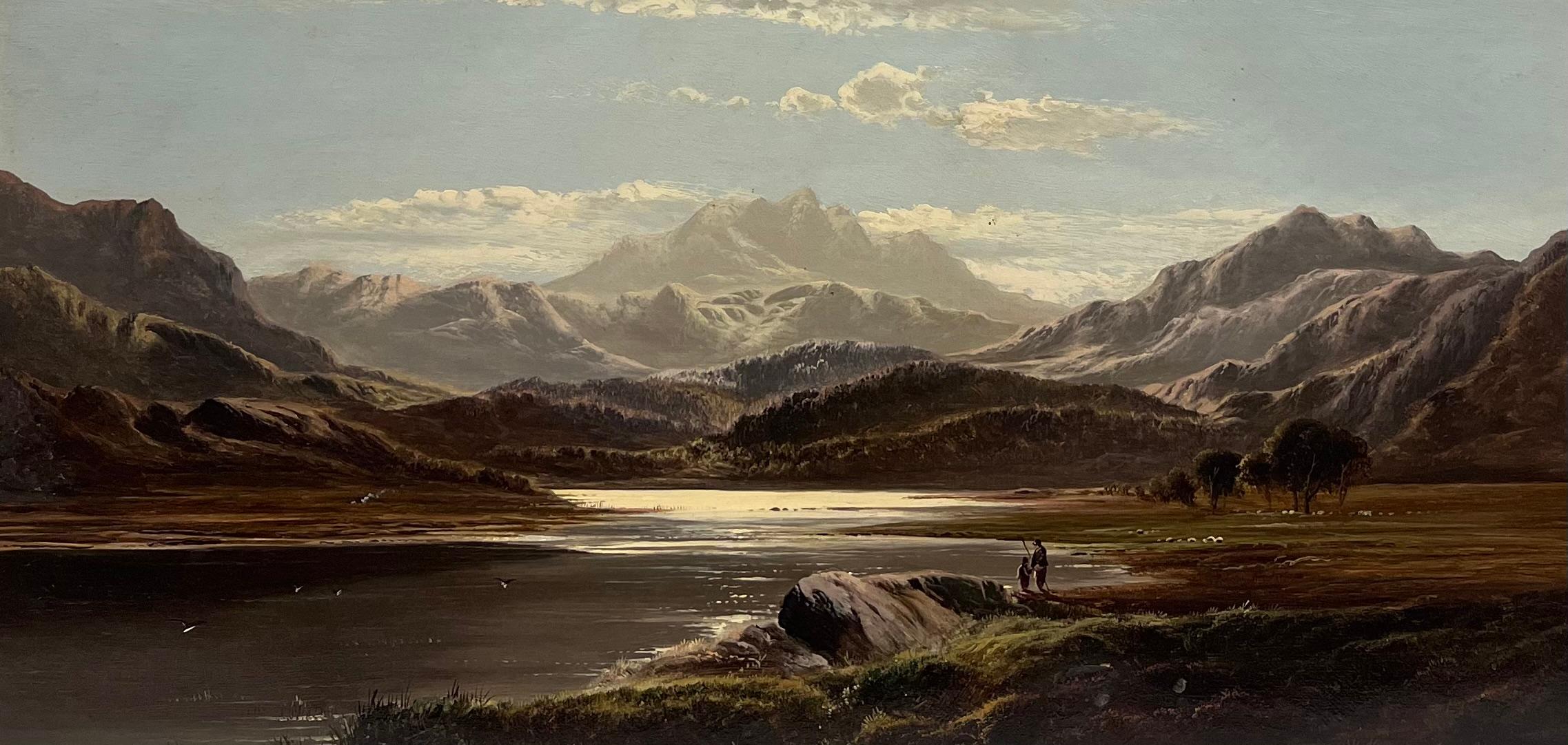 Fino óleo victoriano firmado Paisaje panorámico de las montañas galesas del lago del norte de Gales - Painting de Charles Leslie 