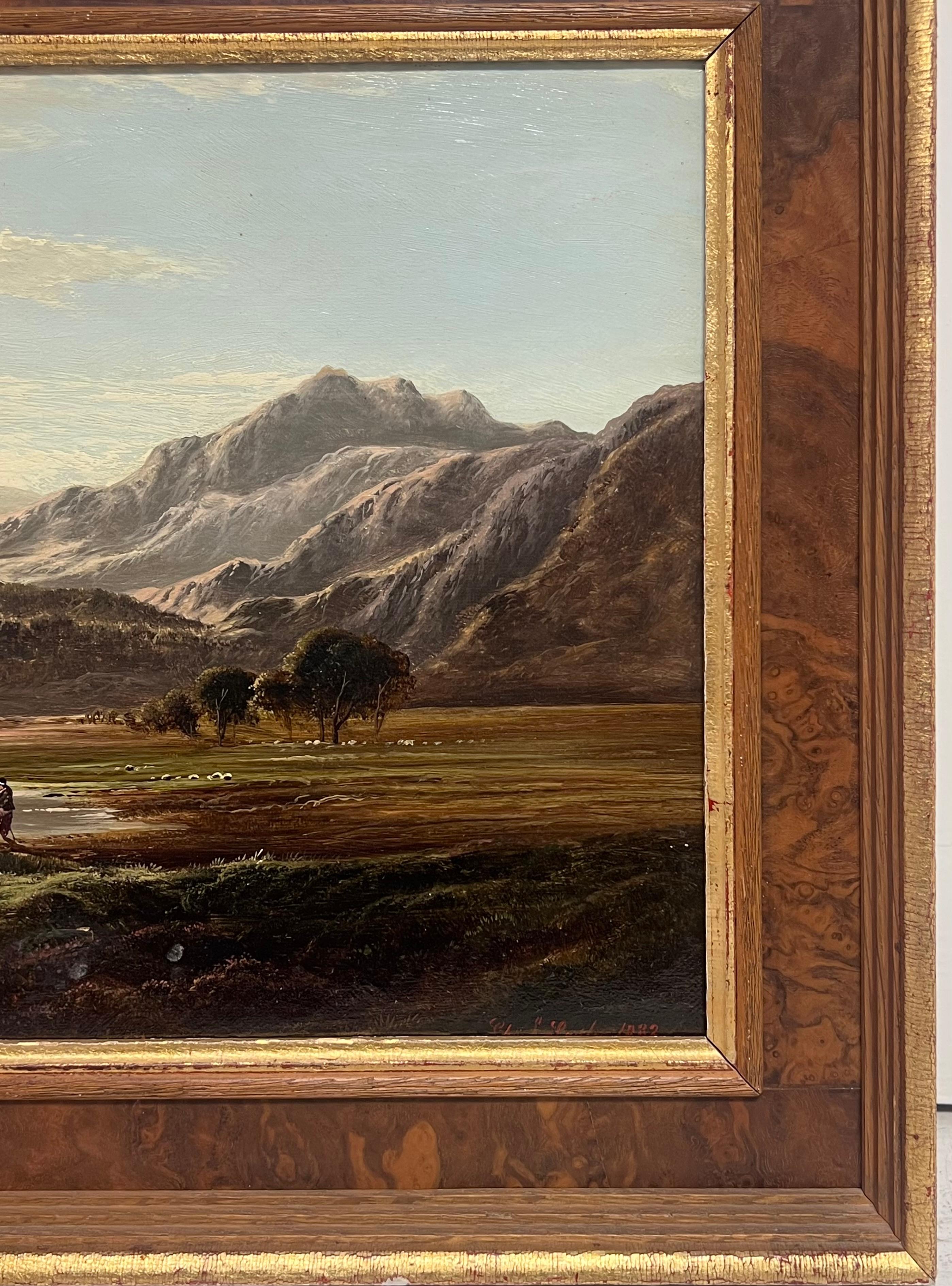 Fino óleo victoriano firmado Paisaje panorámico de las montañas galesas del lago del norte de Gales - Painting Victoriano de Charles Leslie 