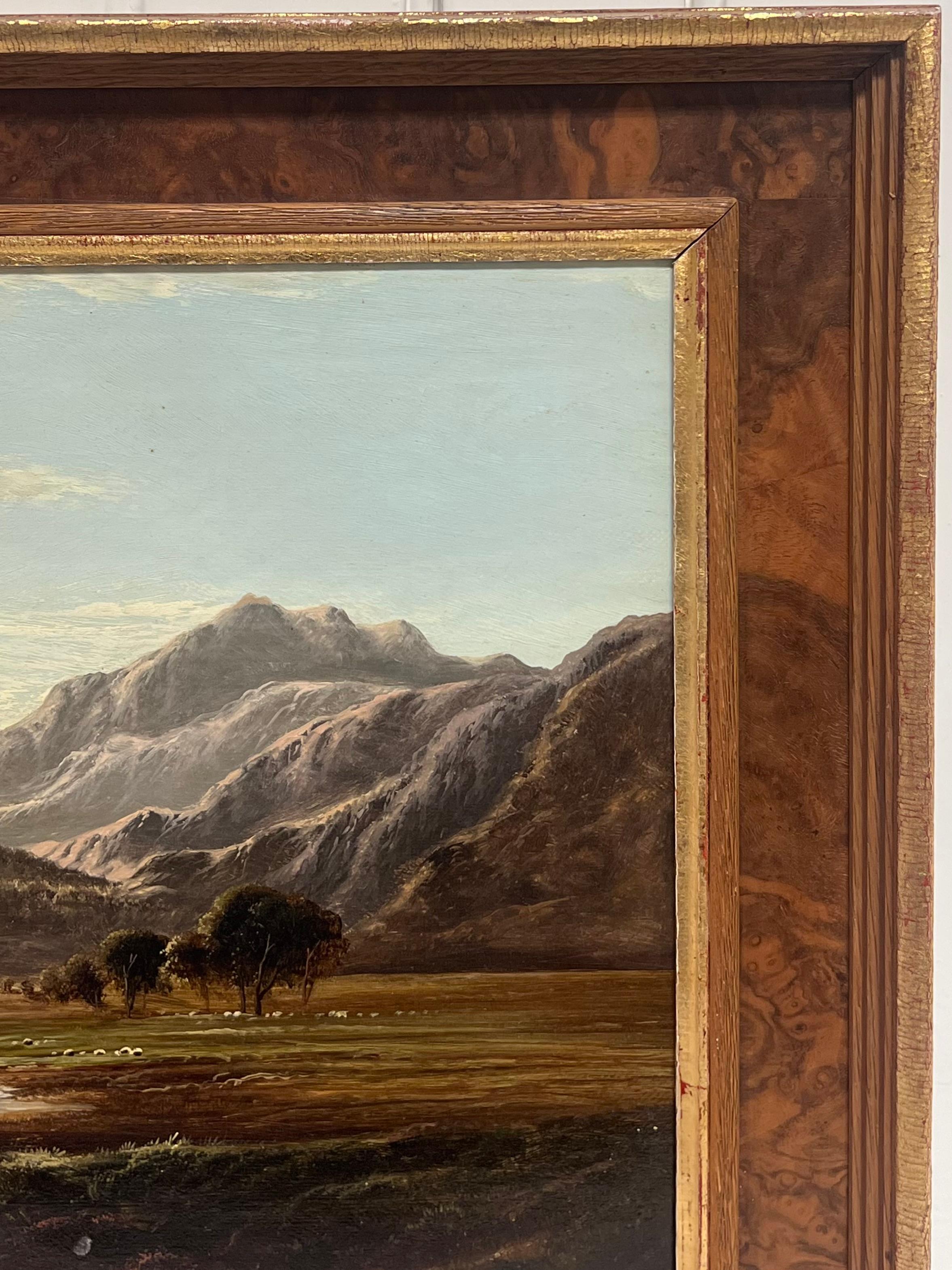 Fino óleo victoriano firmado Paisaje panorámico de las montañas galesas del lago del norte de Gales - Landscape Painting Marrón de Charles Leslie 