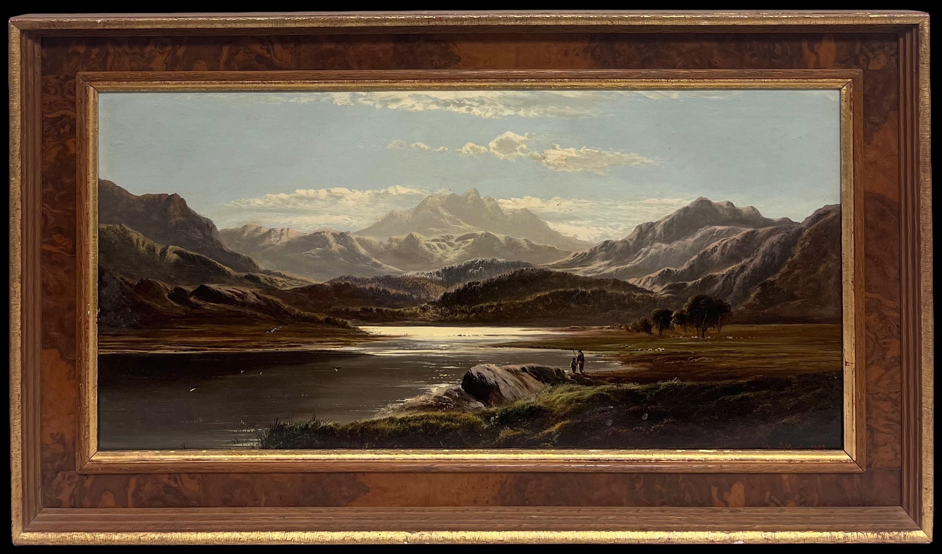 Landscape Painting de Charles Leslie  - Fino óleo victoriano firmado Paisaje panorámico de las montañas galesas del lago del norte de Gales
