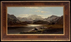 Fino óleo victoriano firmado Paisaje panorámico de las montañas galesas del lago del norte de Gales