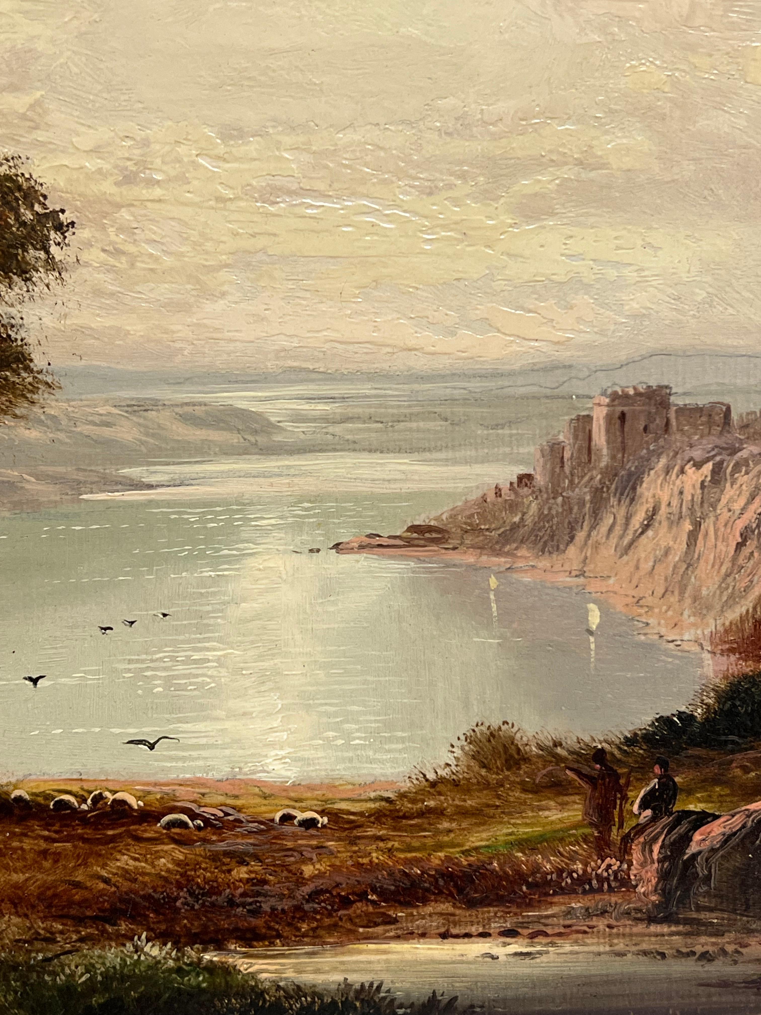 Fino paisaje panorámico victoriano de las Tierras Altas escocesas con figuras, firmado - Painting de Charles Leslie
