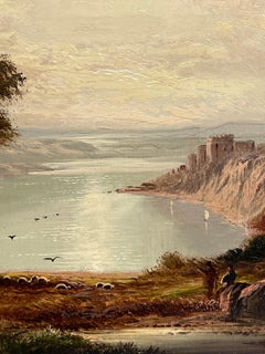 Raffinato paesaggio panoramico vittoriano delle Highlands scozzesi con figure, firmato