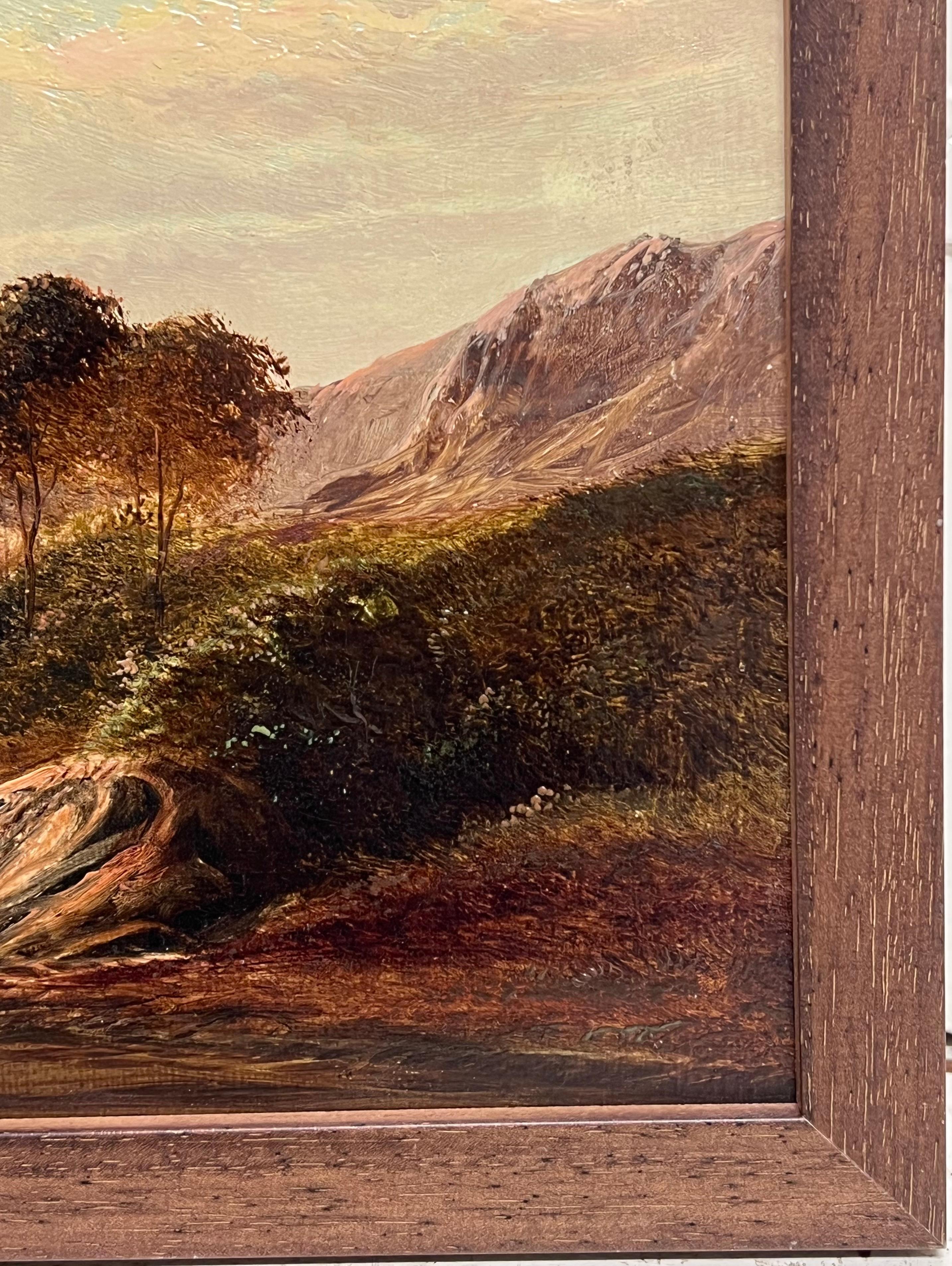 Fino paisaje panorámico victoriano de las Tierras Altas escocesas con figuras, firmado - Figurative Painting Negro de Charles Leslie