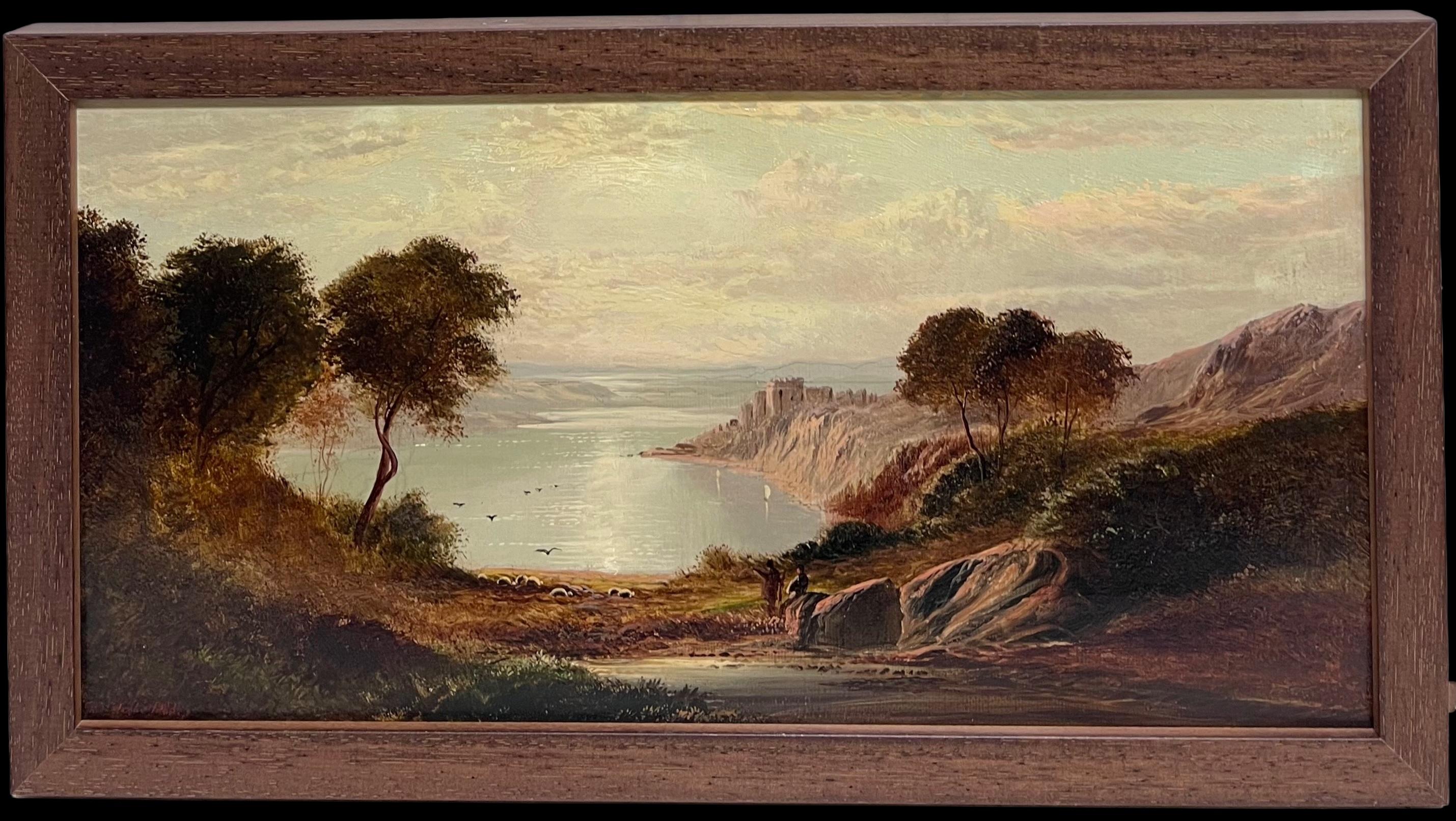 Figurative Painting de Charles Leslie - Fino paisaje panorámico victoriano de las Tierras Altas escocesas con figuras, firmado