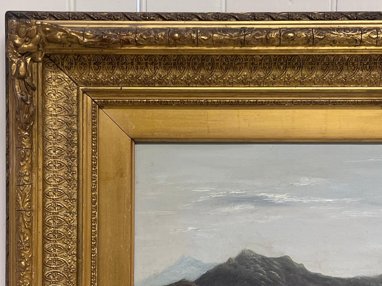 Paysage Panoramic écossais du 19ème siècle représentant une scène de Loch dans un cadre doré 3