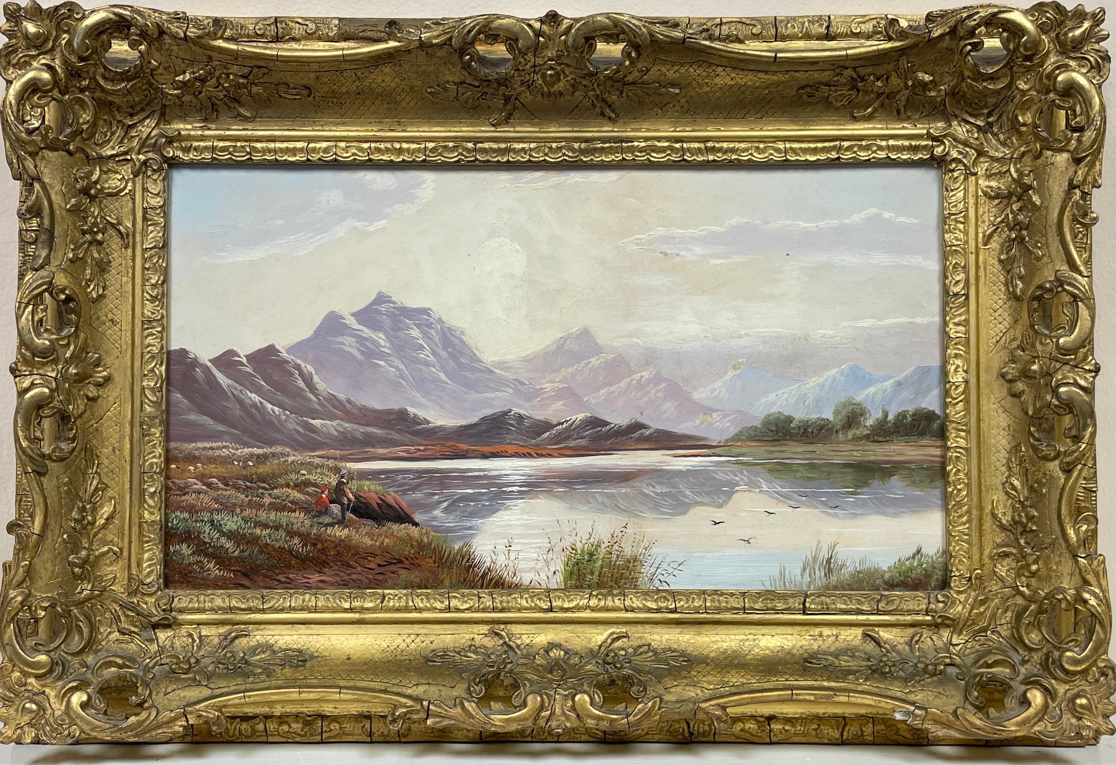 Charles Leslie Landscape Painting - Antique Scottish Oil Painting Figures in Panoramic Summer Loch Landscape