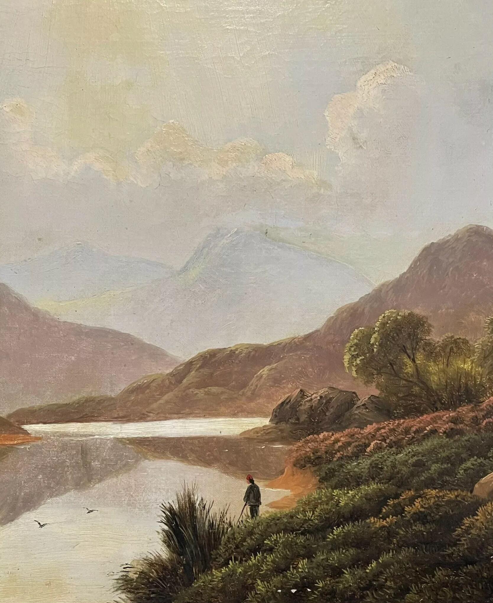 Charles Leslie (1839-1886) Signed Victorian Oil - Angler Scottish Highlands Loch 2