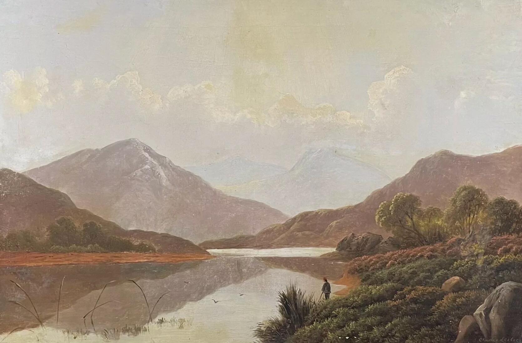 Charles Leslie (1839-1886) Signed Victorian Oil - Angler Scottish Highlands Loch