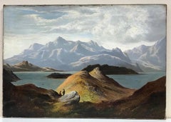 Fine Large Victorian Signed Scottish Oil Painting Figures by Loch & Mountains