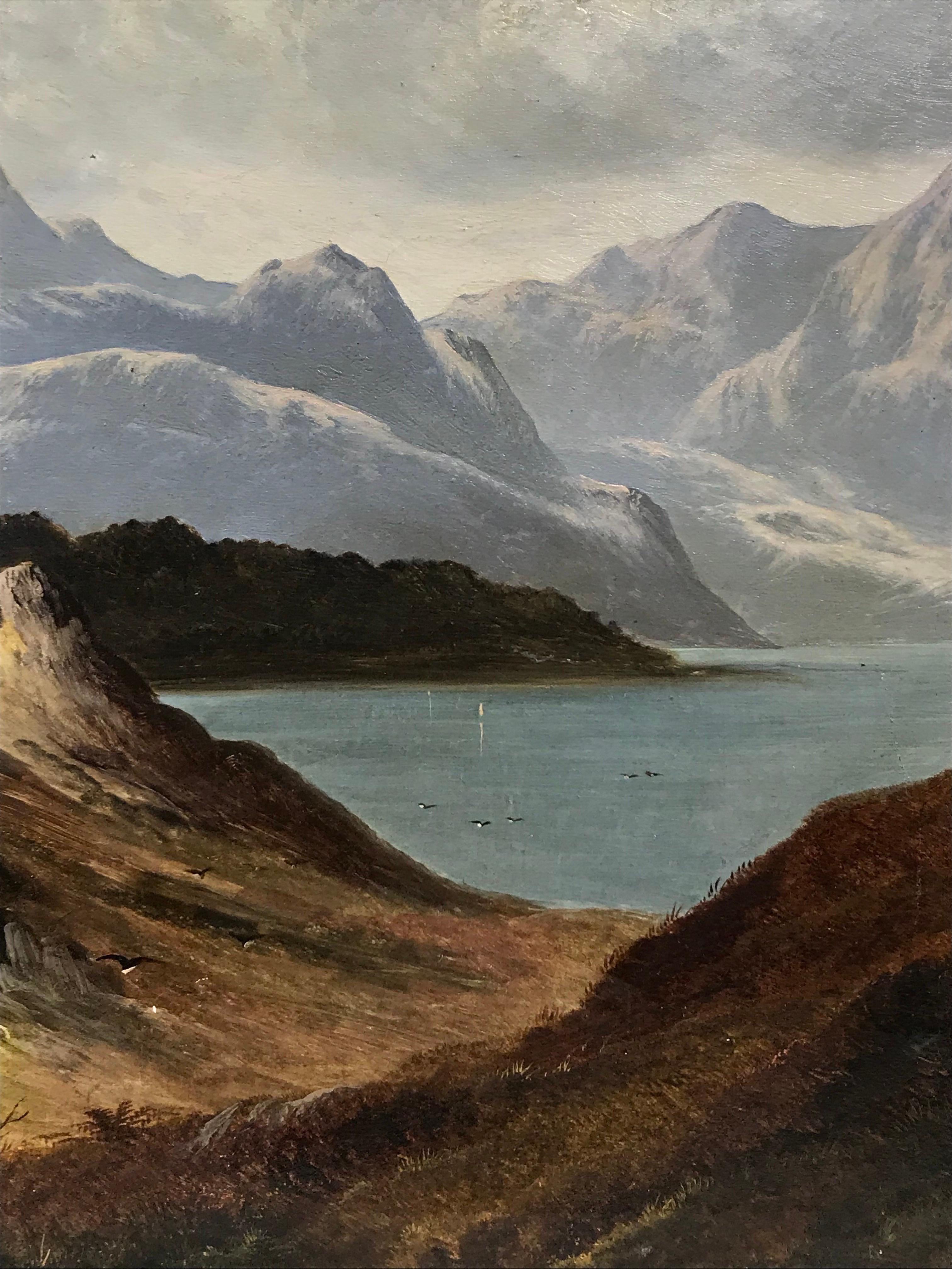 Grande dipinto a olio scozzese di grandi dimensioni, firmato, con figure di Loch e montagne - Painting Vittoriano di Charles Leslie