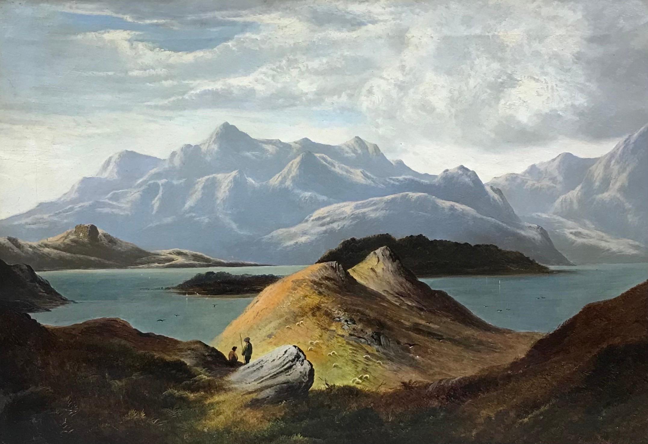 Charles Leslie Landscape Painting - Fine Large Victorian Signed Scottish Oil Painting Figures by Loch & Mountains