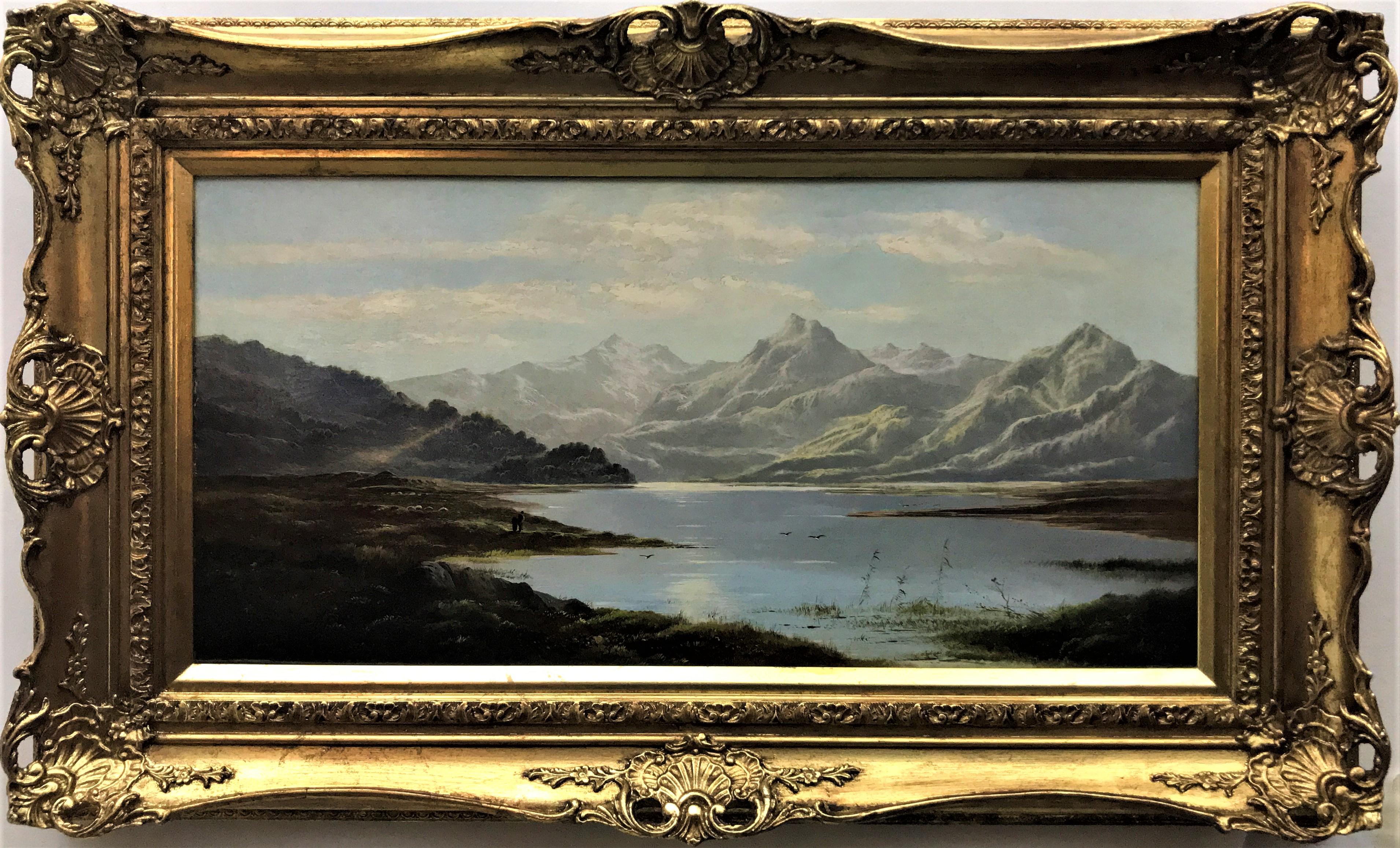 Paesaggio dei laghi (uno di una coppia), olio originale su tela, artista vittoriano - Painting di Charles Leslie