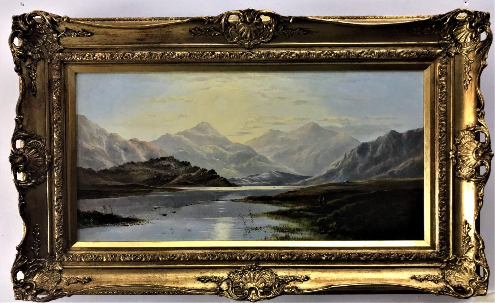 Diese atemberaubende Seenlandschaft (eine von zwei) des Künstlers Charles Leslie (1839-1886) ist ein Originalgemälde in Öl auf Leinwand, das über 100 Jahre alt ist.          
Leslie war ein englischer Landschaftsmaler im viktorianischen Zeitalter.